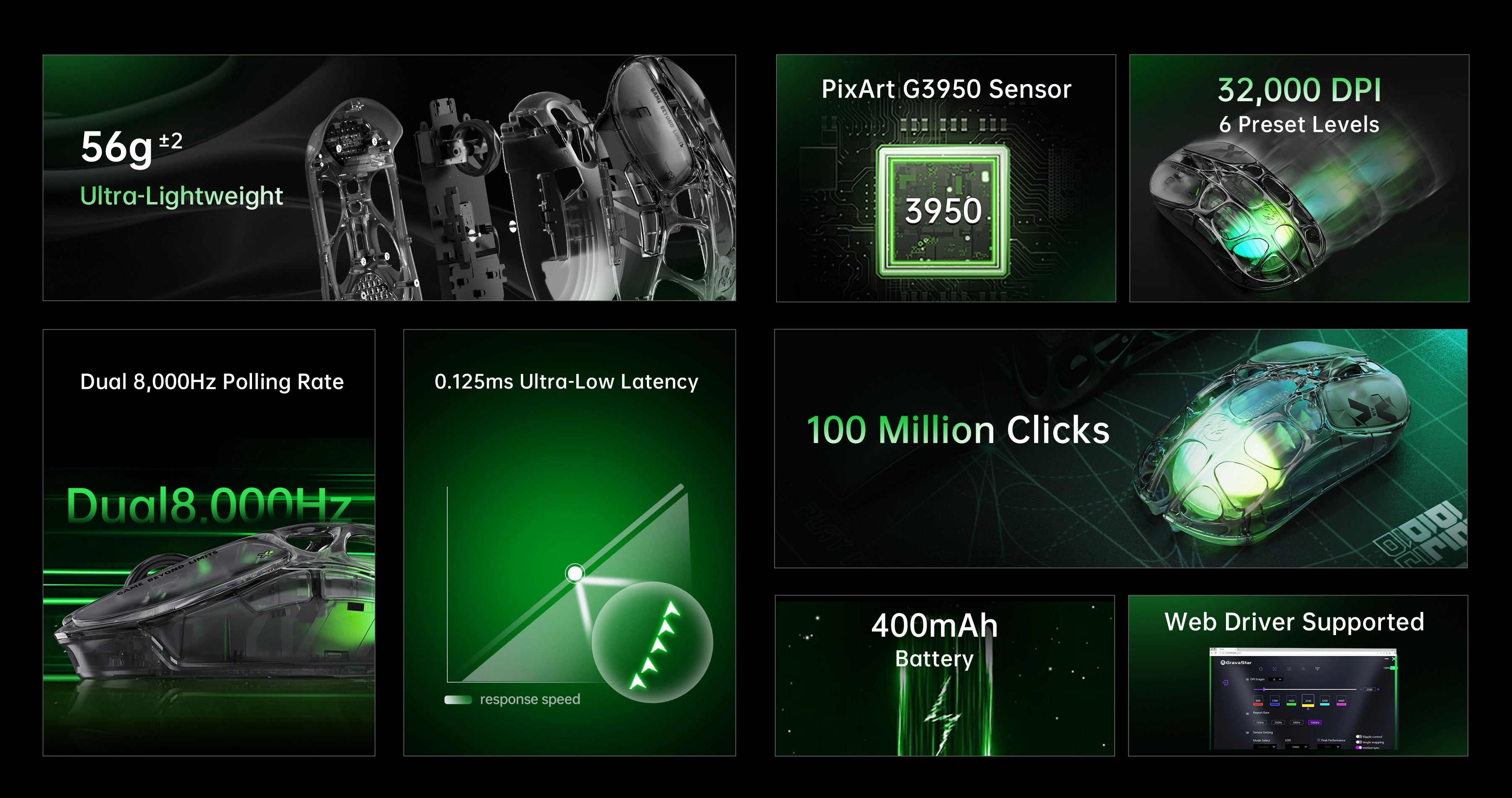 GravaStar V60 and X Air 8000Hz Gaming Set Mercury X Air 8000Hz wireless gaming mouse specifications grid highlighting 8000Hz polling rate, 56g ultra-lightweight transparent skeleton, PixArt PAW 3950 sensor with 32000 DPI, 113 hours battery life, and customizable GLOWSYNC RGB lighting.