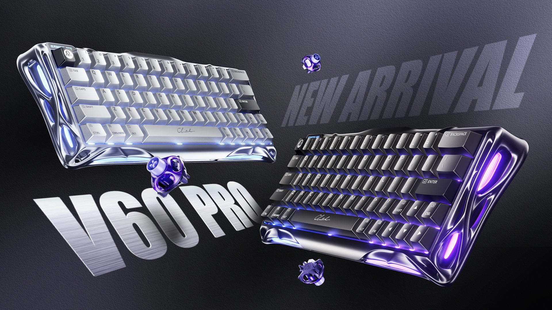 GravaStar V60 Pro and X Pro Gaming Set Mercury V60 Pro 60% magnetic aluminum gaming keyboard dual-color showcase featuring Chrome Silver and GunMetal editions, UFO Hall Effect magnetic switches, True 8kHz polling rate, 0.125ms low latency, and dual-zone RGB backlighting.