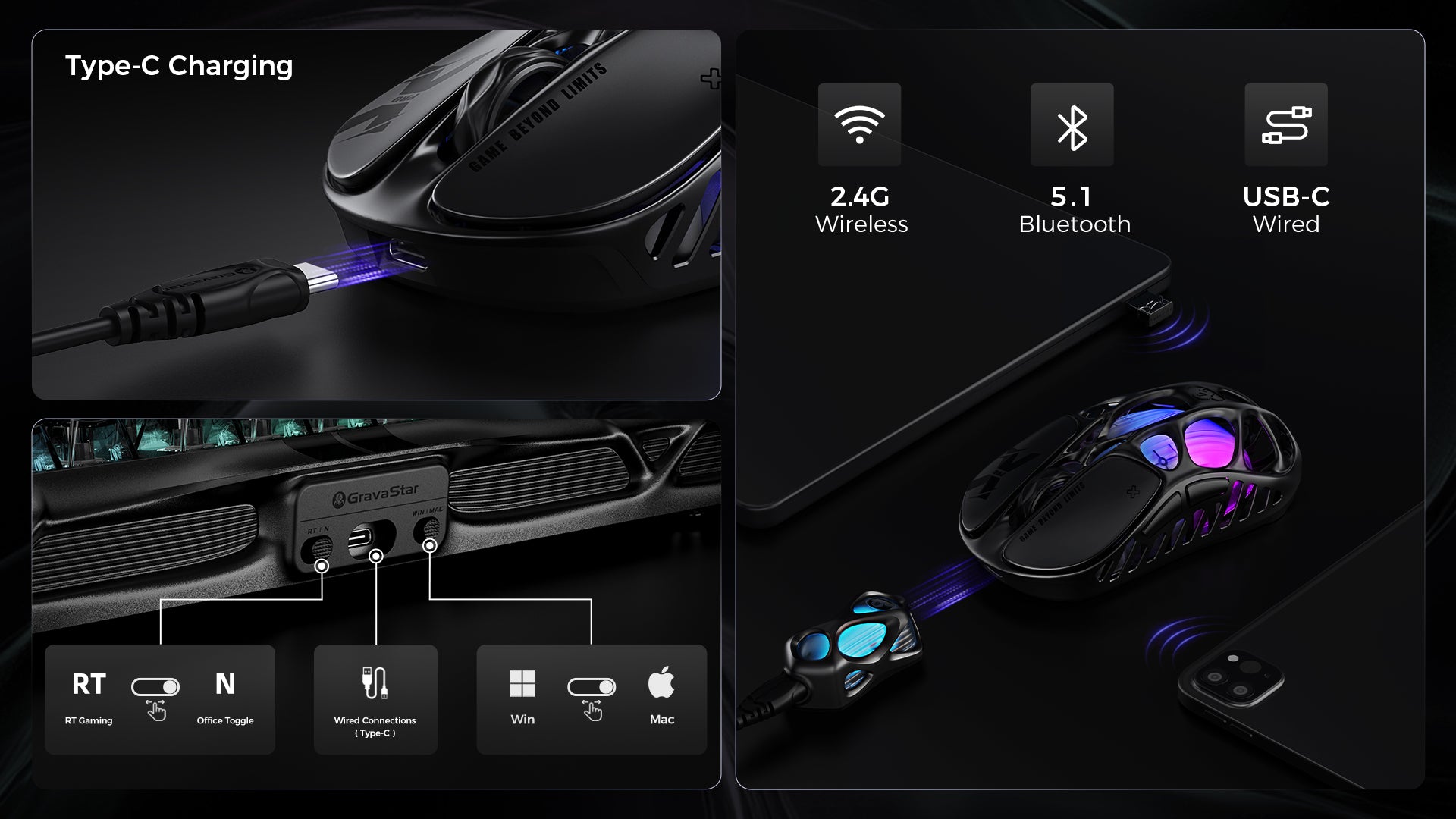 GravaStar V60 Pro and X Pro Gaming Set connection guide displaying Mercury X Pro 8KHz wireless mouse TURBOSPEED 2.4GHz wireless, Bluetooth 5.1, and USB-C wired mode along with Mercury V60 Pro keyboard physical toggle switches for RT gaming mode, office mode, USB-C wired connection, and Windows Mac OS compatibility.