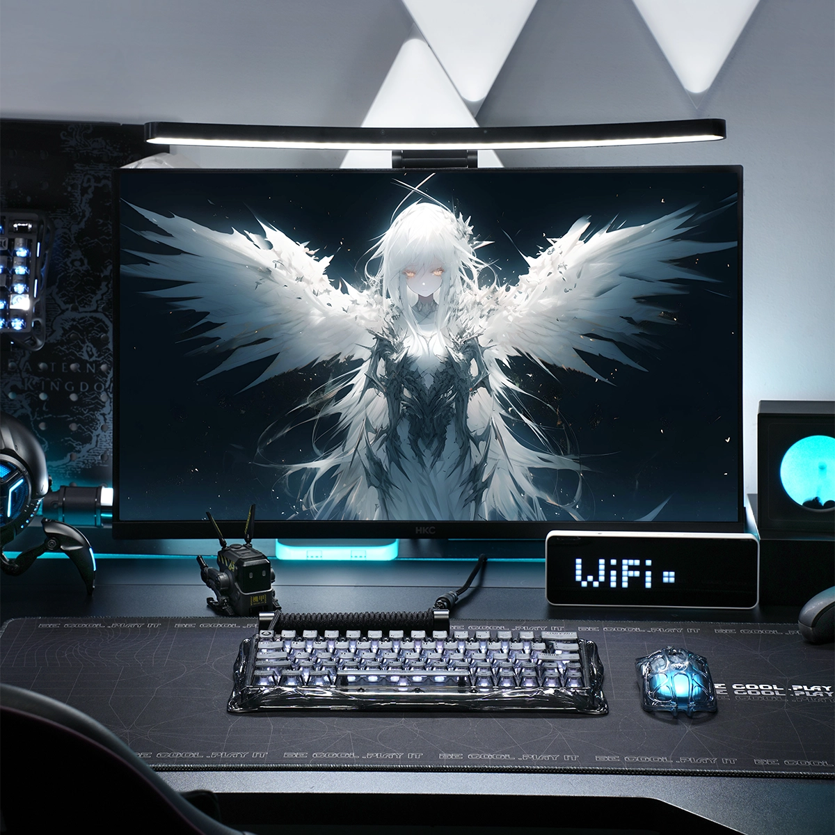 GravaStar V60 and X Air 8000Hz Gaming Set Mercury X Air wireless gaming mouse angled view featuring 56g ultralight transparent skeletal frame, PixArt G3950 32K DPI sensor, and GlowSync RGB backlighting.
