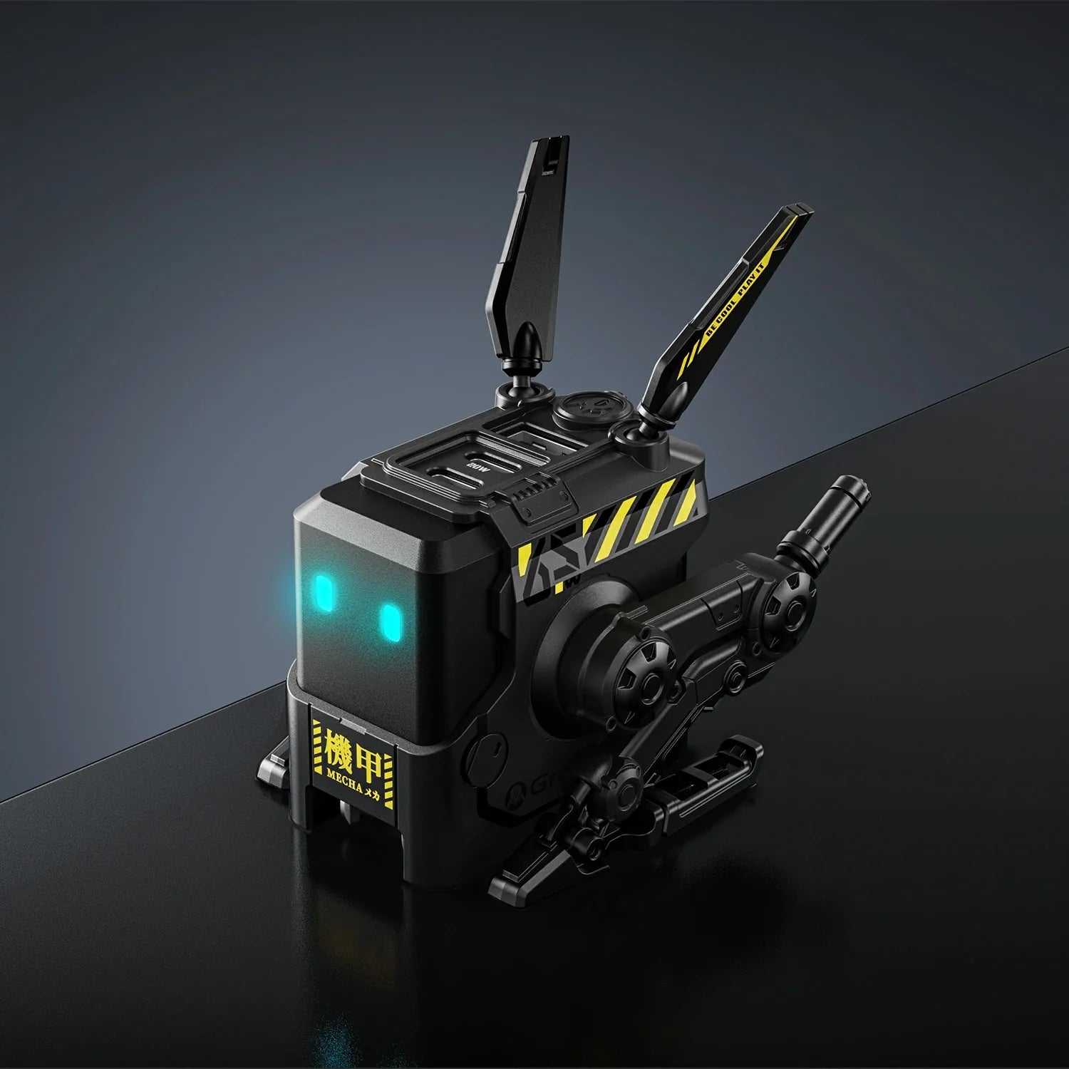 GravaStar Alpha65 Charcoal Gray 65W GaN fast charger black studio robot standing view featuring sleek matte black finish, transformable tripod stand, dual antennas, ice blue RGB eyes, and 3 USB ports, perfect paired with Mercury X Air Onyx Crystal mouse and Mercury K1 Stealth Black keyboard.