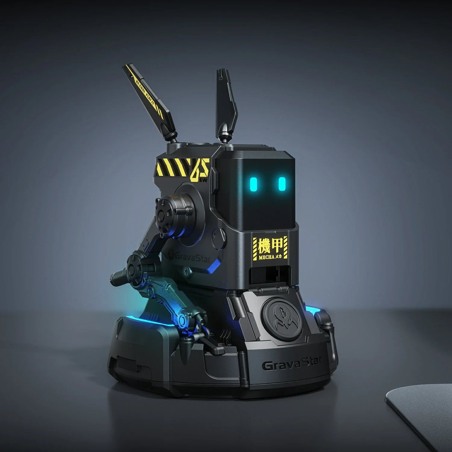 GravaStar Alpha65 Charcoal Gray 65W GaN fast charger studio robot standing view with tactical cannon dock featuring sleek matte black finish, transformable tripod stand, dual antennas, ice blue RGB eyes, and 3 USB ports, perfect paired with Mercury X Air Onyx Crystal mouse and Mercury K1 Stealth Black keyboard.