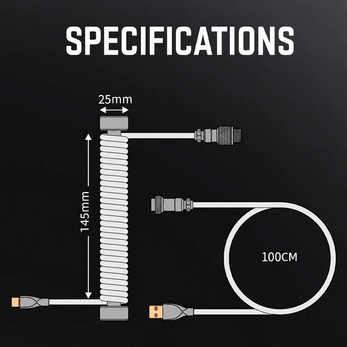 GravaStar Coiled Aviator USB Cable specifications and dimension diagram showing 25mm coil diameter, 145mm spring coil length, 100cm straight cable length, 4-pin aviator connector, and gold-plated USB-A to Type-C terminals, perfect paired with Mercury K1 Pro keyboard and GravaStar Gaming Mouse Pad deskmat.