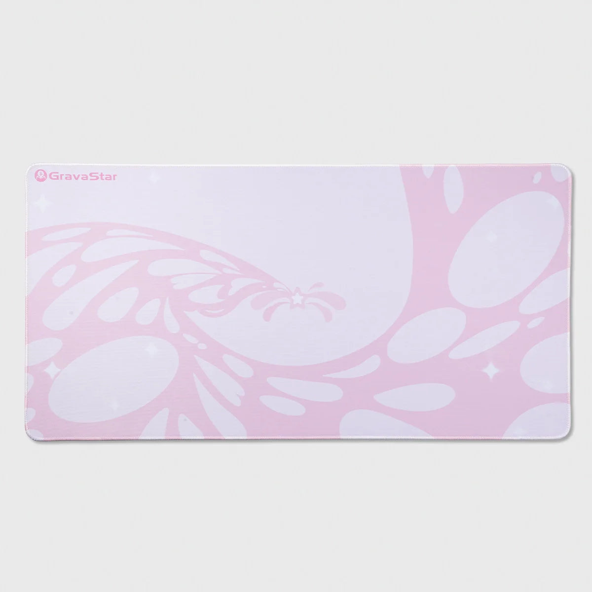 GravaStar Gaming Mouse Pad Pink studio flat graphic view featuring 800x400mm extended size, waterproof micro-weave fabric surface, stitched edges, and pink fluid bubble grid design, perfect paired with Mercury V60 Crystal Rose keyboard and Mercury M1 Pro Sakura Pink gaming mouse.