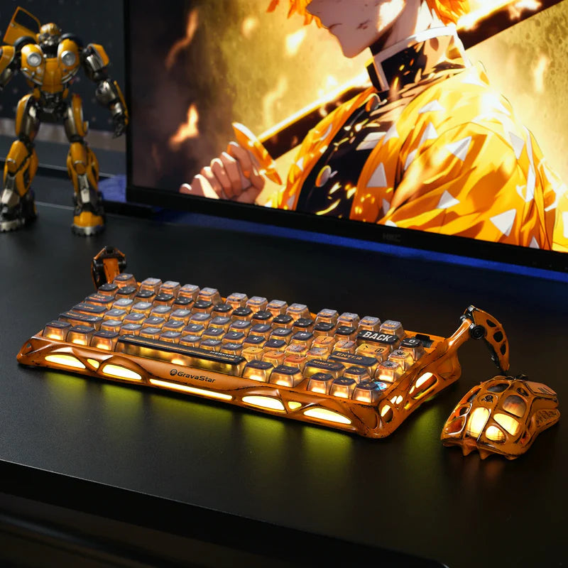 GravaStar Handcrafted Gaming Set Battle-Worn Yellow studio cyberstation desk setup view featuring Mercury K1 Pro keyboard with weathered aluminum frame, Mercury X Pro 8KHz magnesium alloy gaming mouse, and warm RGB lighting, perfect paired with GravaStar Gaming Mouse Pad black deskmat and Mars Pro Yellow speaker.
