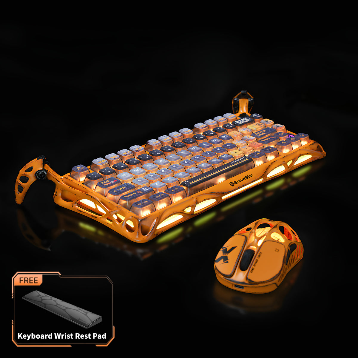 GravaStar Handcrafted Gaming Set Battle-Worn Yellow studio full bundle view featuring Mercury K1 Pro keyboard with weathered aluminum frame, Mercury X Pro 8KHz magnesium alloy gaming mouse, and free bonus keyboard wrist rest pad, perfect paired with GravaStar Gaming Mouse Pad black deskmat and Mars Pro Yellow speaker.
