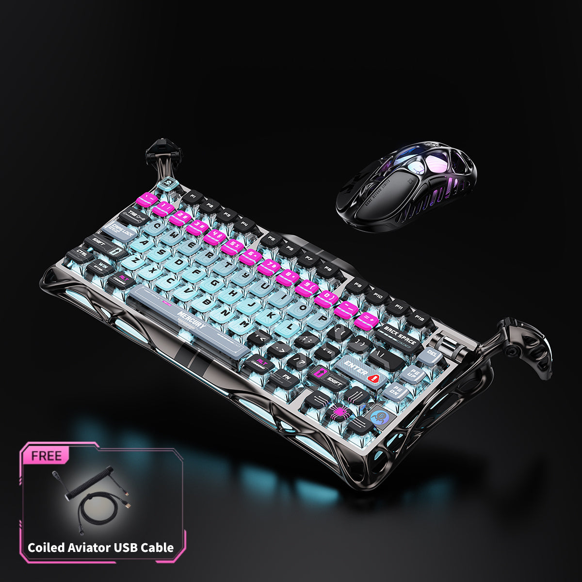 GravaStar HE 8000Hz Ultra-Fast Hall Effect Gaming Set Cyberpunk studio bundle perspective view showing Mercury V75 Pro magnetic keyboard with Gateron Magnetic Jade switches, Mercury X Pro 8KHz magnesium mouse, and FREE Coiled Aviator USB Cable tag, perfect paired with Mars Pro Cyberpunk speaker.