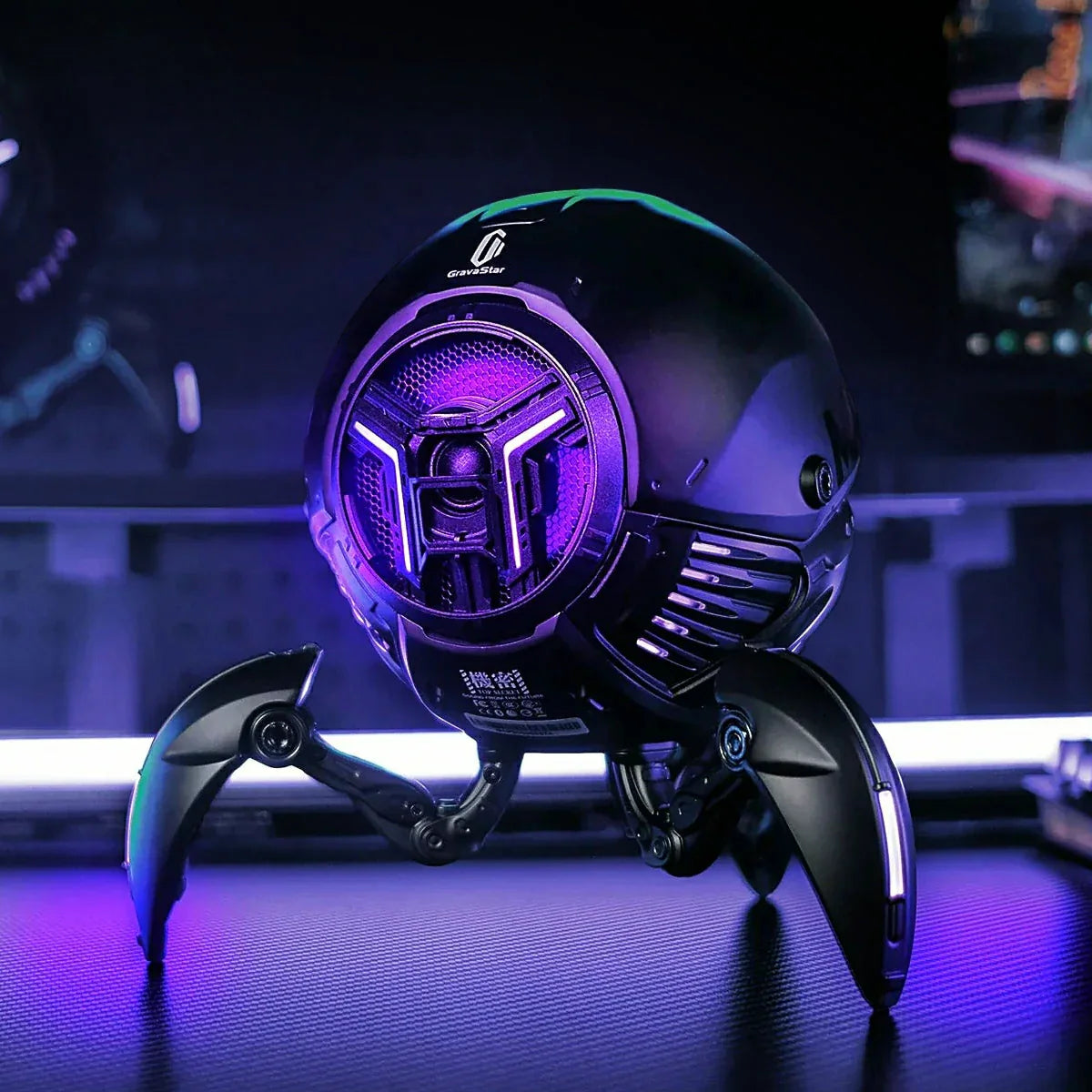 GravaStar Mars Pro Black matte zinc alloy Bluetooth speaker desktop setup view featuring 20W dual speaker system, passive bass radiator, DSP equal-loudness contour, RGB lighting, and tripod legs, perfect paired with Mercury X Air Onyx Crystal mouse and Mercury V60 keyboard.