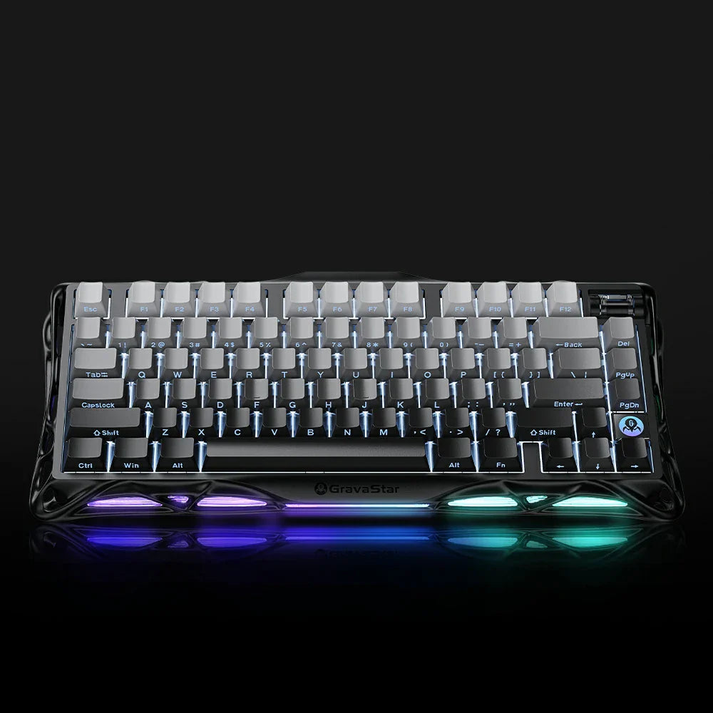 GravaStar Mercury K1 Gradient Black – Top view of 75% wireless mechanical gaming keyboard with aluminum alloy gradient frame, control knob, custom linear switches, Gasket mount, and vibrant dual RGB backlight.
