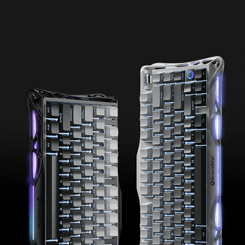 GravaStar Mercury K1 Gradient Black vs Gradient White – Comparison view of 75% wireless mechanical gaming keyboards with aluminum alloy gradient frame, custom linear switches, and dual RGB backlight.