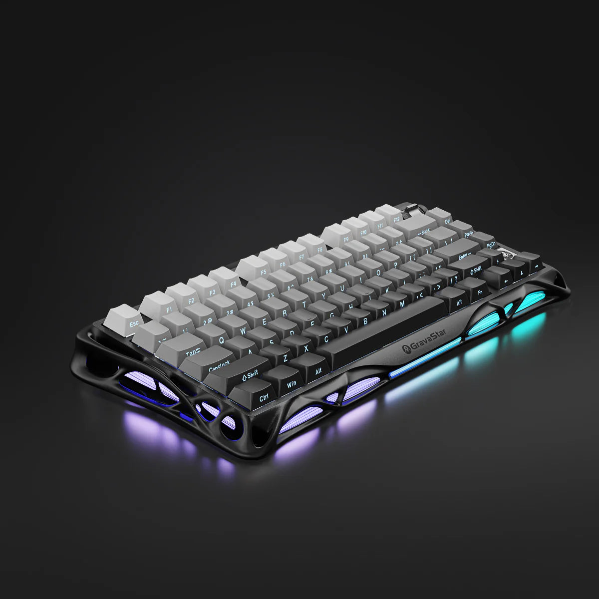 GravaStar Mercury K1 Gradient Black – 75% wireless mechanical gaming keyboard with aluminum alloy gradient frame, custom linear switches, Gasket mount, and dual RGB backlighting.