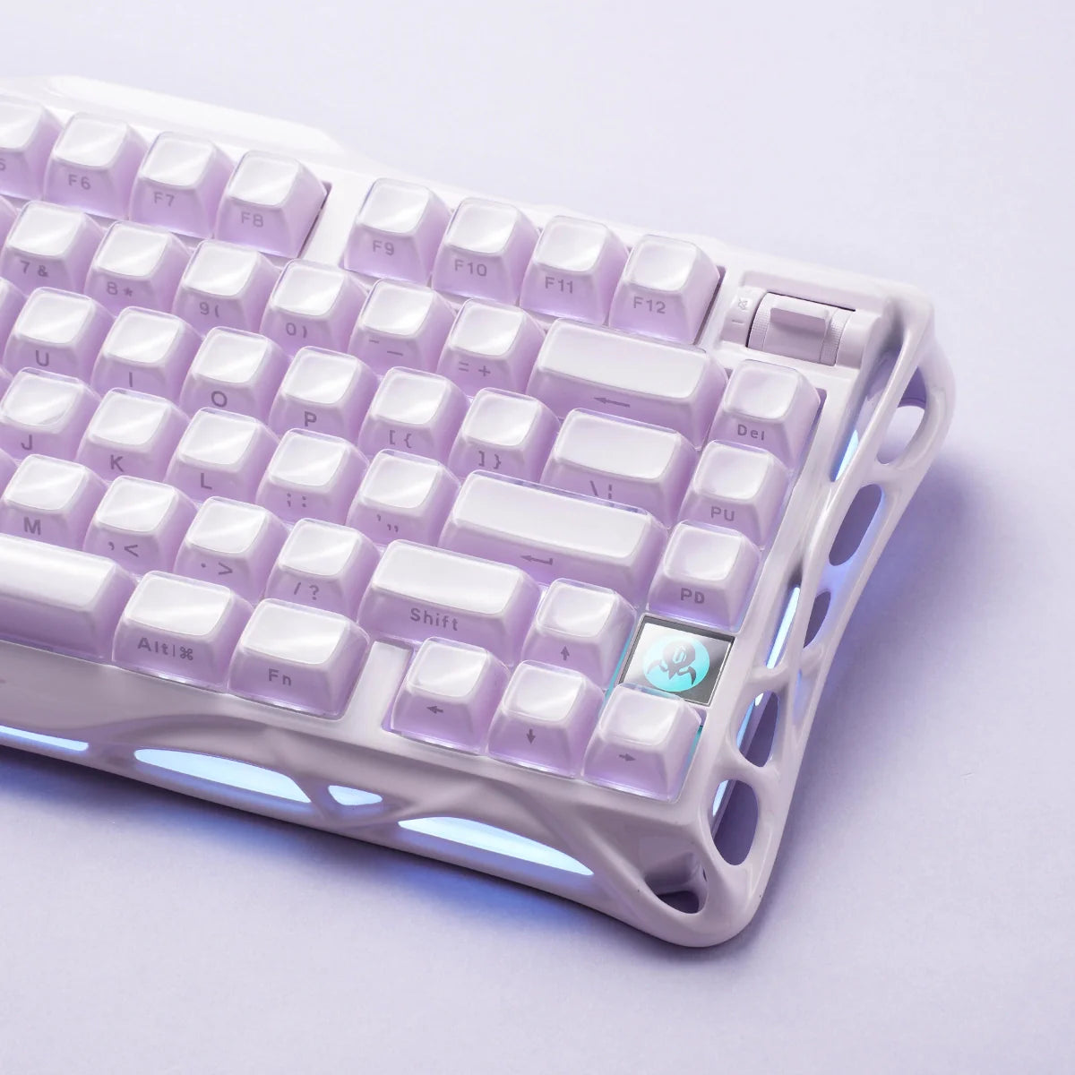 GravaStar Mercury K1 Lavender Purple 75% gaming keyboard close-up – Showcasing custom gradient PBT keycaps, hollowed aluminum alloy frame, and Stellar Bloom linear switches, perfect paired with GravaStar M1 Pro Lavender Purple mouse.
