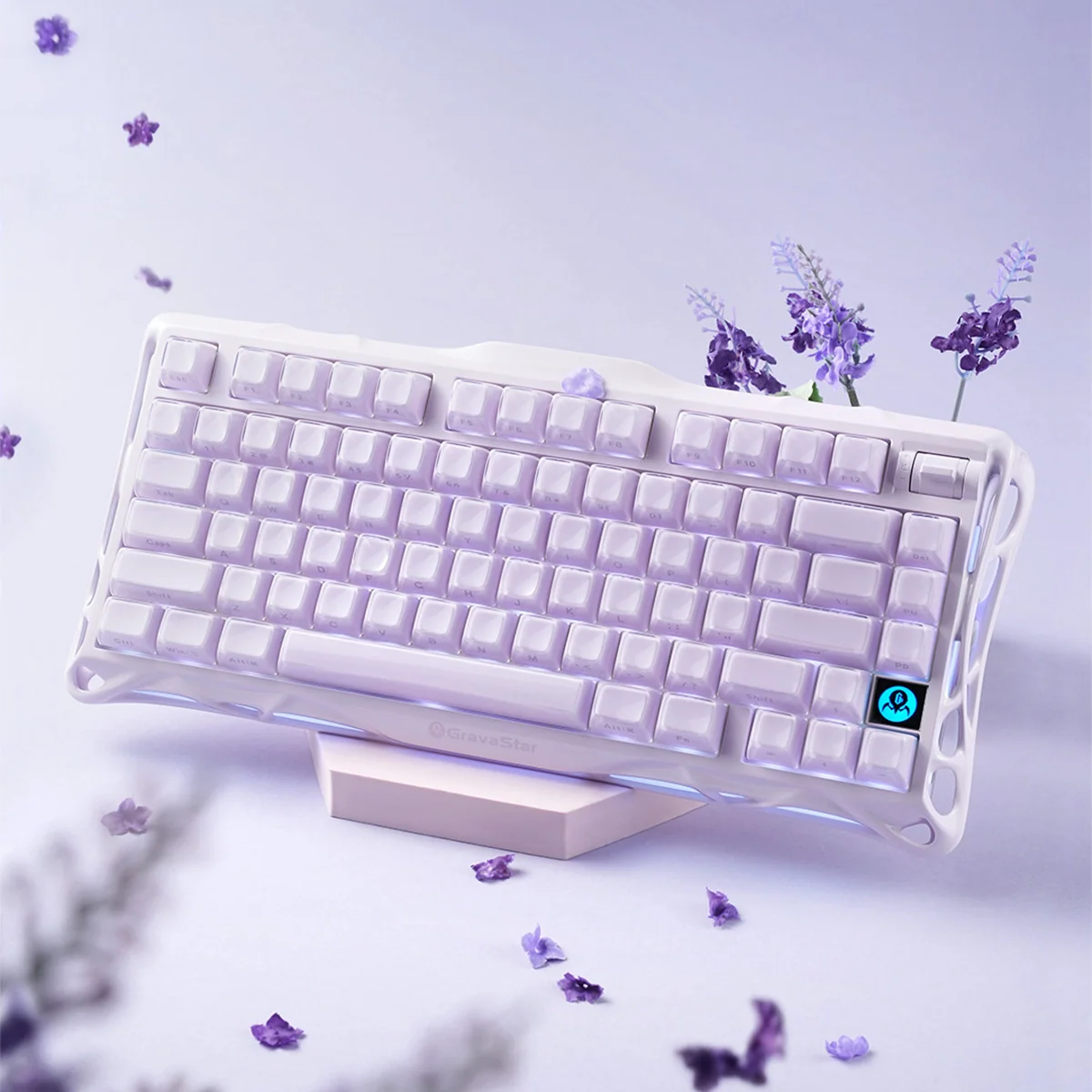 GravaStar Mercury K1 Special Edition Lavender Purple 75% mechanical gaming keyboard side profile view – Highlighting aluminum alloy chassis, tactile rotary knob, and ergonomic angle design.