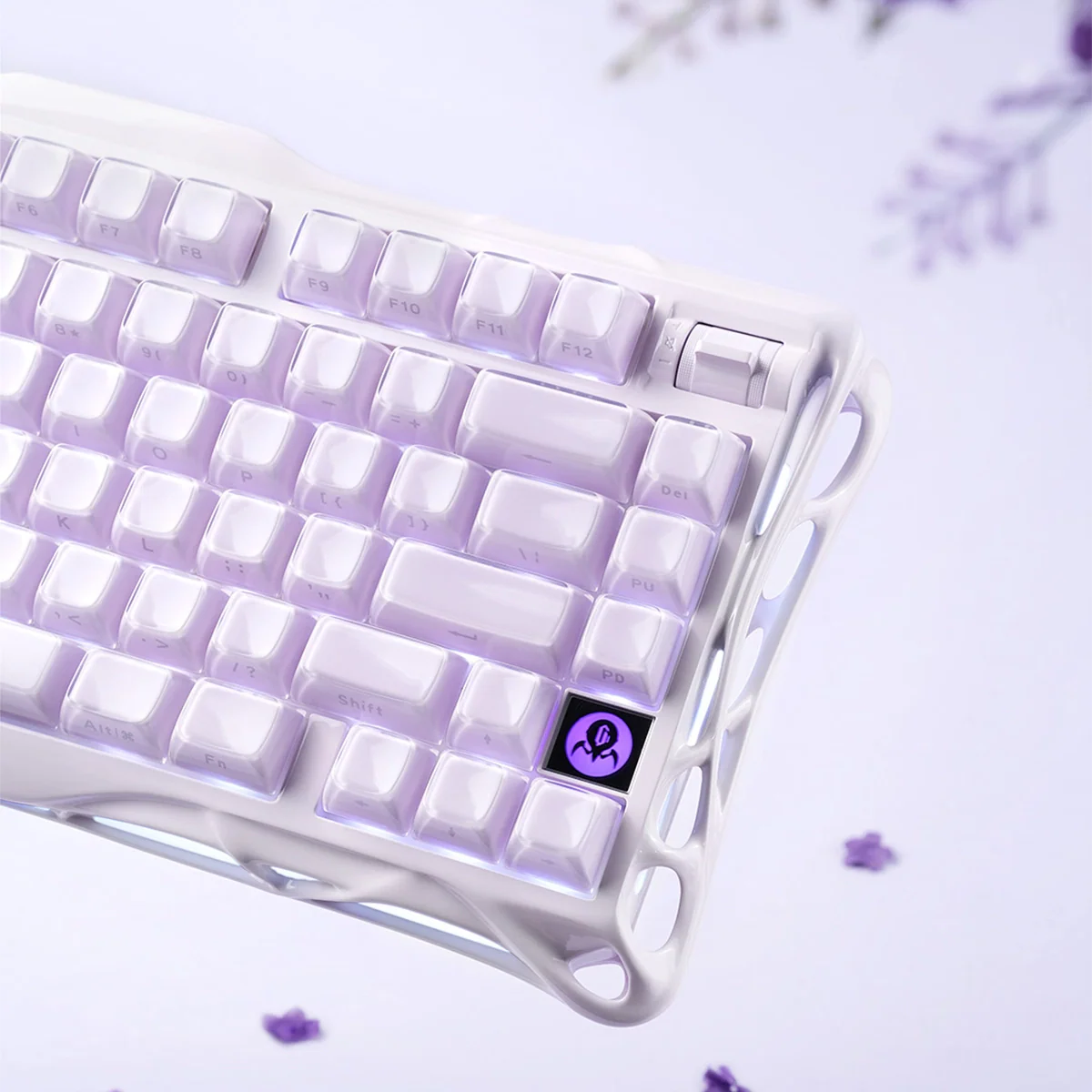 GravaStar Mercury K1 Lavender Purple 75% gaming keyboard close-up – Showcasing custom Stellar Bloom linear switches, PBT keycaps, and rotary knob, perfect paired with GravaStar M1 Pro Lavender Purple mouse.