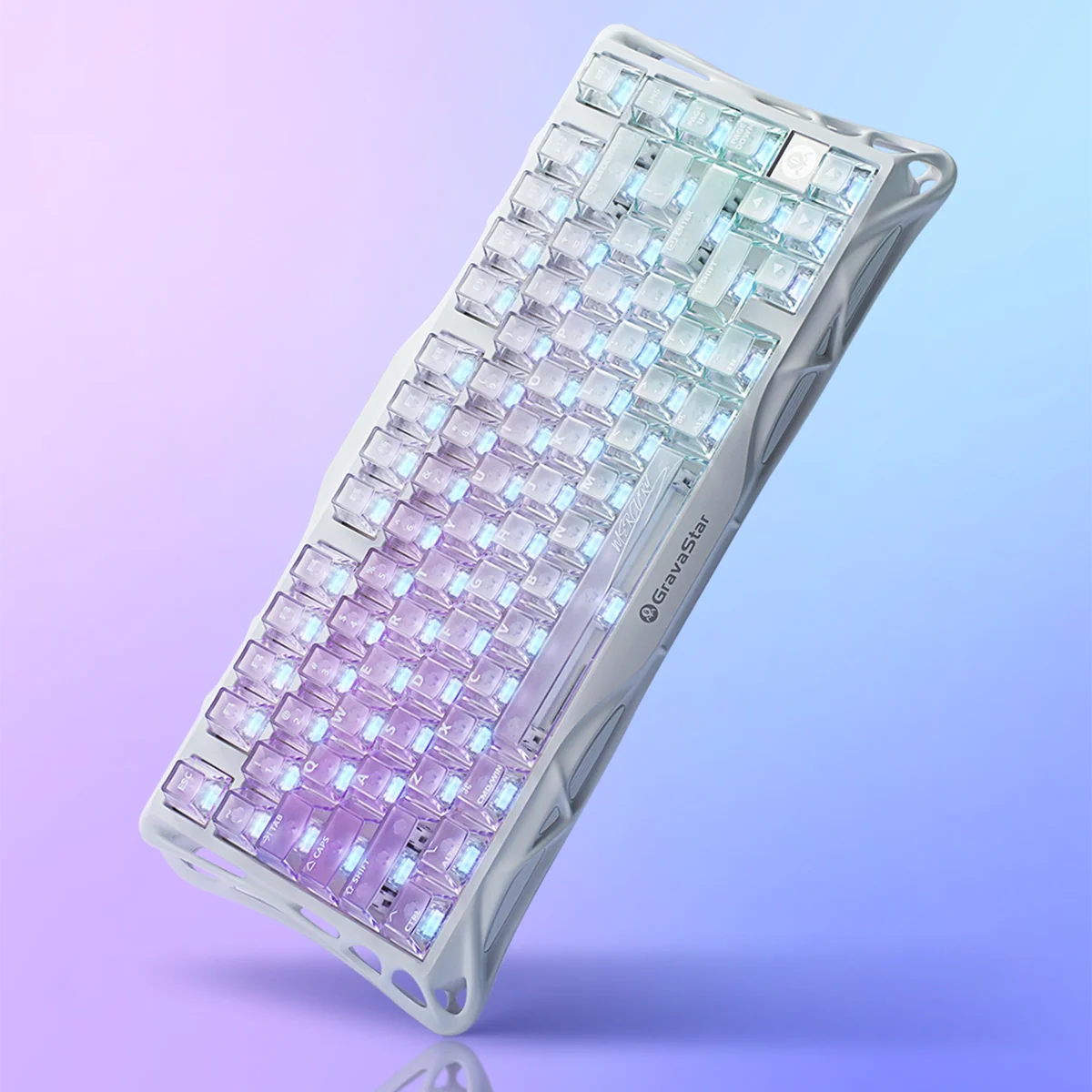 GravaStar Mercury K1 Lite Crystal Aurora Edition 75% mechanical gaming keyboard – 45-degree angle view showcasing crystal-clear PC transparent housing, purple and aurora translucent keycaps, GravaStar Custom Linear Switches, and dynamic RGB backlighting.