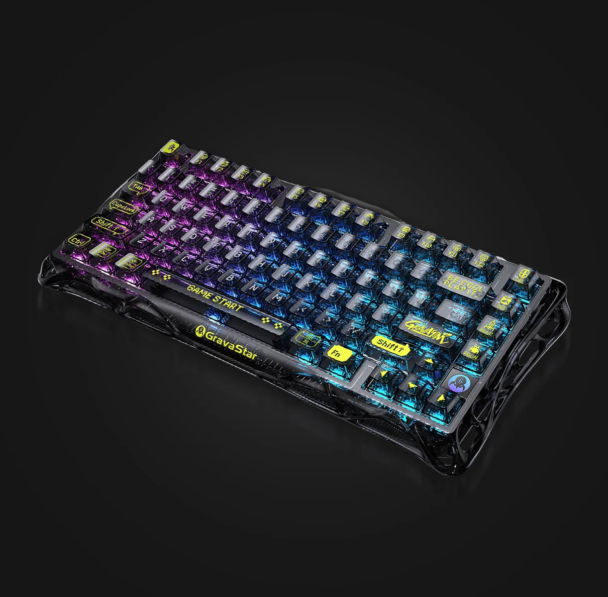 GravaStar Mercury K1 Lite Transparent Black – Top-down view of 75% wireless mechanical gaming keyboard with PC clear black chassis, custom linear switches, Gasket mount, and immersive RGB backlight.