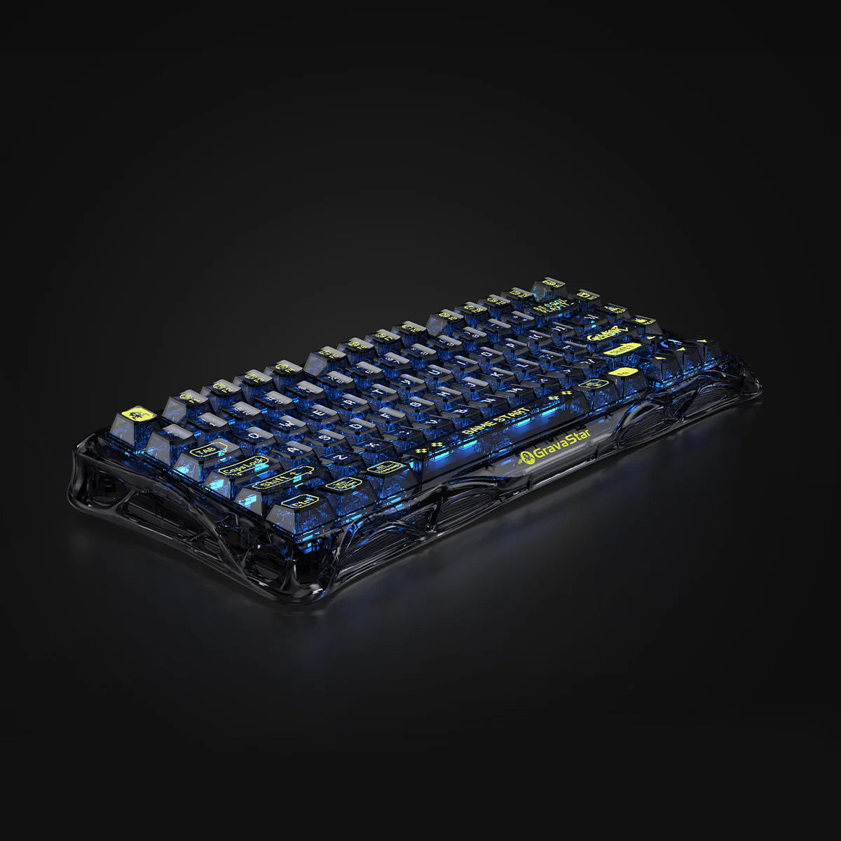 GravaStar Mercury K1 Lite Transparent Black – Close-up front view of 75% wireless mechanical gaming keyboard with clear black PC frame, custom linear switches, Gasket mount, and blue RGB backlighting.