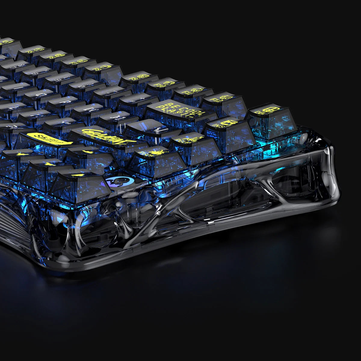 GravaStar Mercury K1 Lite Transparent Black – Close-up view of left keycaps and clear PC chassis, 75% wireless mechanical gaming keyboard with custom linear switches, Gasket mount, and blue RGB backlight.