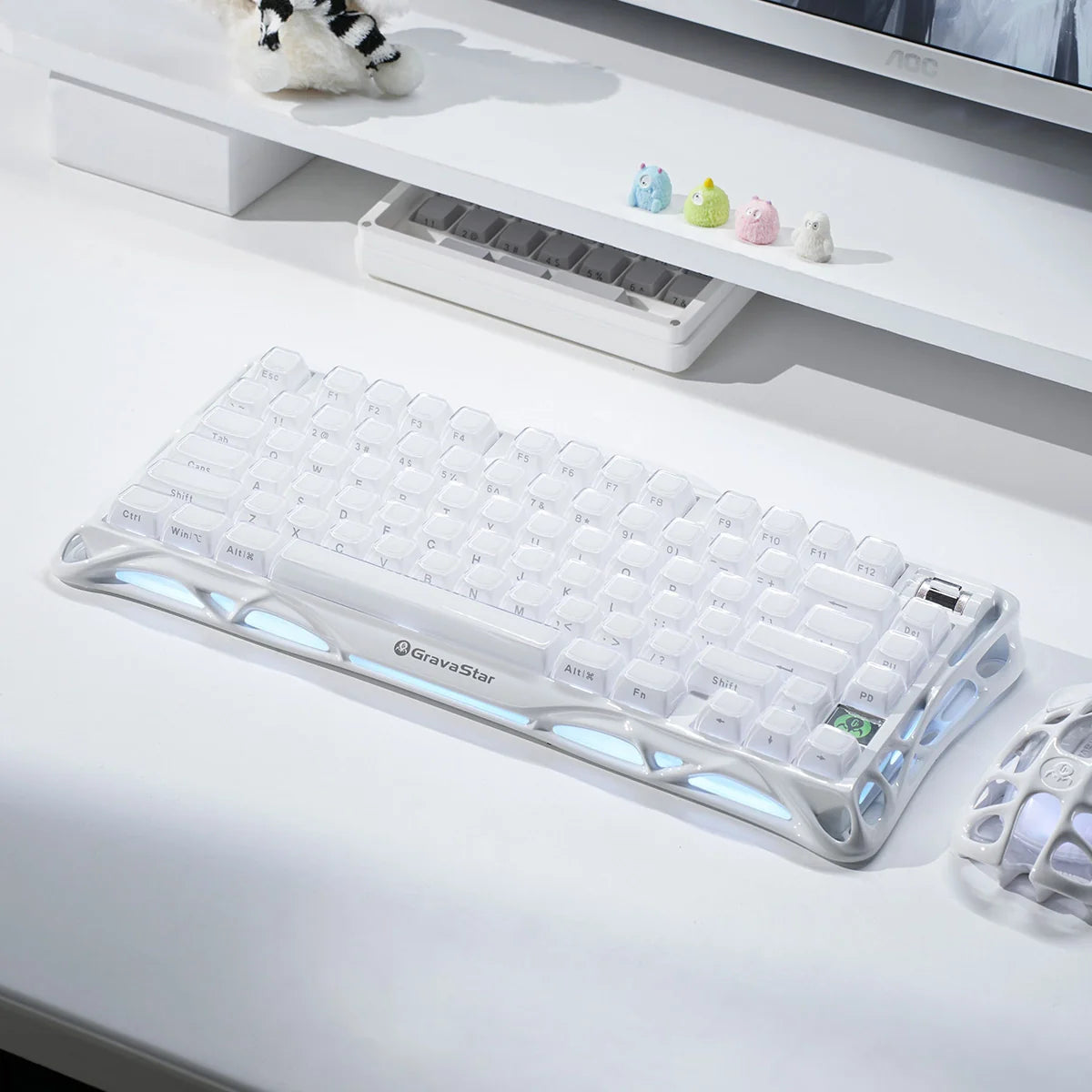 GravaStar Mercury K1 Opaline White 75% mechanical gaming keyboard on clean white desk setup, paired with GravaStar Mercury M2 Opaline White wireless mouse, featuring custom Stellar Bloom linear switches and dual RGB lighting.