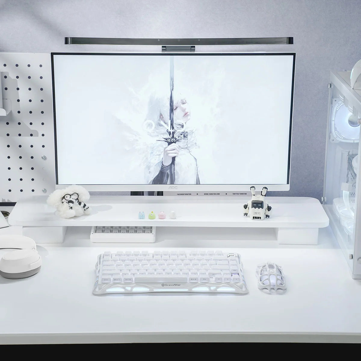 GravaStar Mercury K1 Opaline White 75% mechanical gaming keyboard on pure white desk setup, paired with GravaStar Mercury M2 Opaline White wireless mouse, featuring custom Stellar Bloom linear switches and dual RGB lighting.