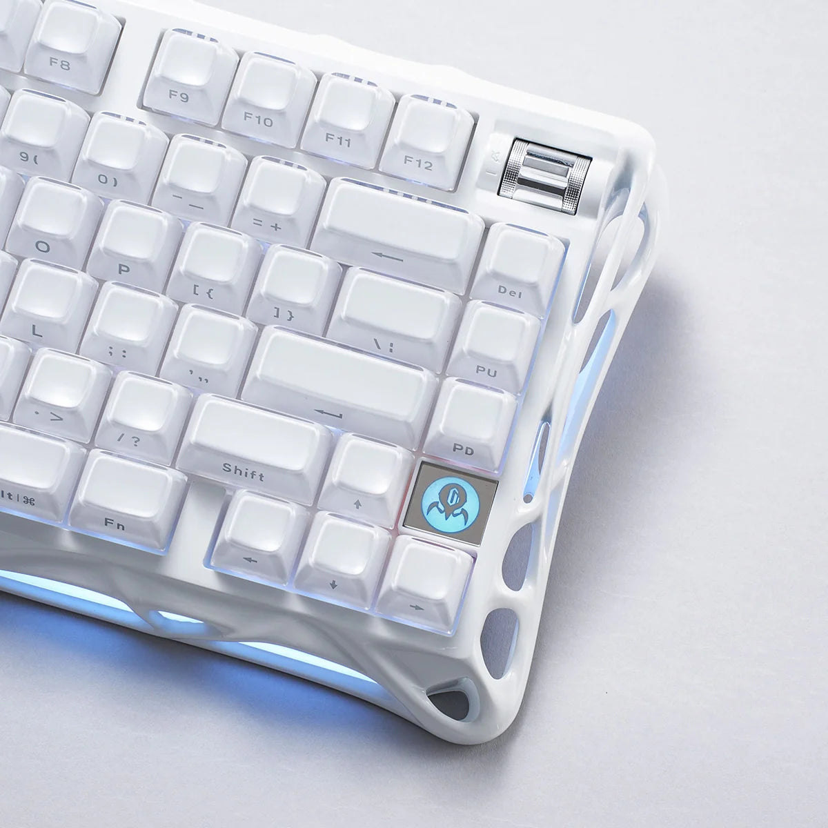 GravaStar Mercury K1 Opaline White 75% mechanical gaming keyboard close-up โ Highlighting rotary knob, translucent white PBT keycaps, custom Stellar Bloom switches, and dual RGB backlighting, perfect paired with Mercury M2 Opaline White mouse and Mars Pro speaker.