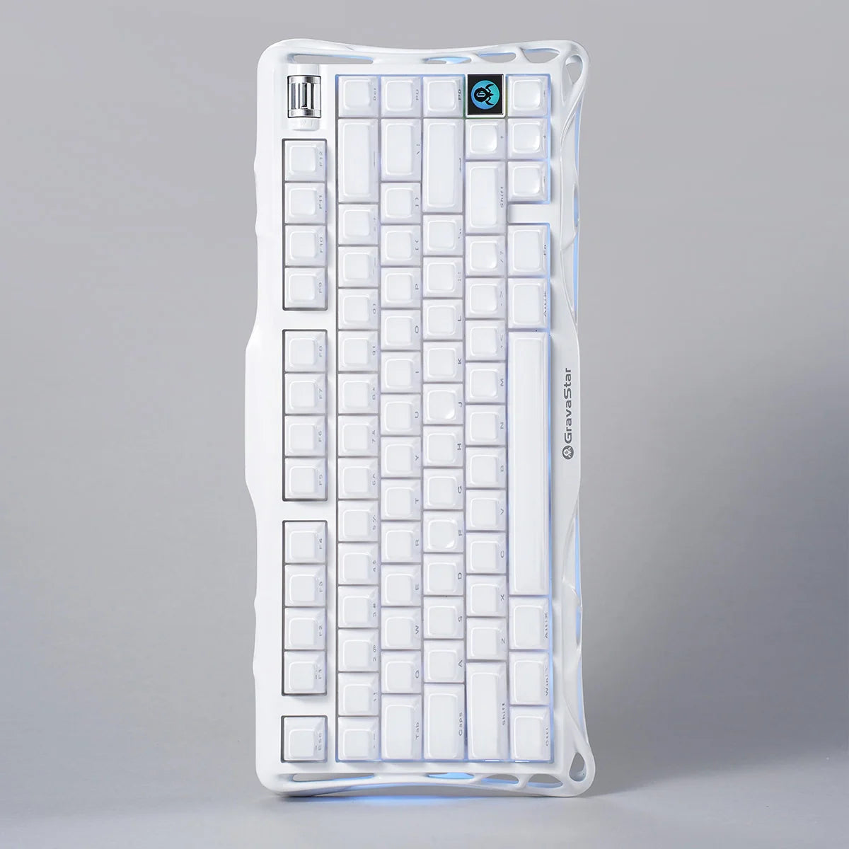 GravaStar Mercury K1 Opaline White 75% mechanical gaming keyboard top view – Highlighting pearl white aluminum chassis, custom Stellar Bloom linear switches, rotary knob, and dual RGB backlighting, perfect paired with Mercury M2 Opaline White mouse and Mars Pro speaker.