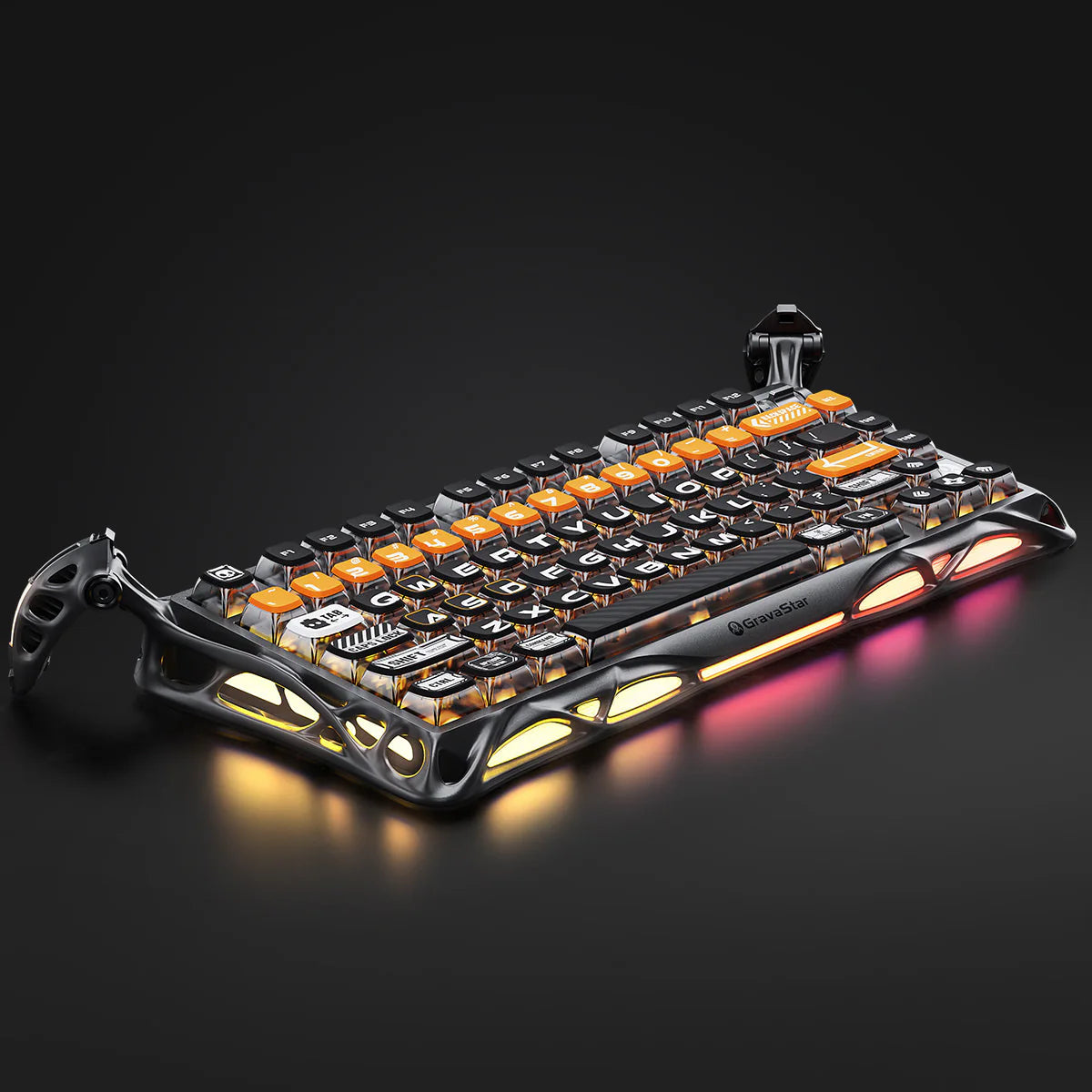 GravaStar Ultimate Gaming Set in CyberFlare – Mercury K1 Pro 75% wireless mechanical gaming keyboard with nano-textured aluminum alloy exoskeleton, glowing cybernetic branch accents, South-facing RGB backlighting, Pudding PBT keycaps, and gasket-mounted FR4 plate.