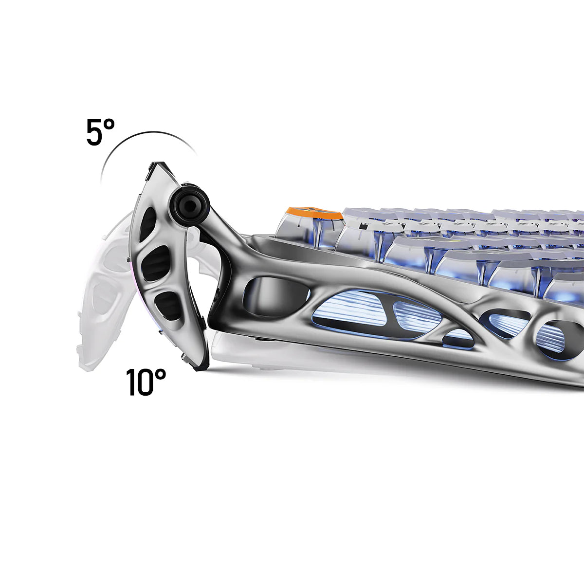 GravaStar Ultimate Gaming Set in Interstellar Silver – Side view of Mercury K1 Pro 75% wireless gaming keyboard showing 5-degree and 10-degree adjustable ergonomic incline angles, nano-textured aluminum alloy exoskeleton, and gasket-mounted FR4 plate.
