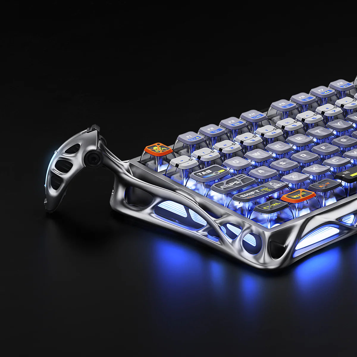 GravaStar Ultimate Gaming Set in Interstellar Silver, featuring Mercury K1 Pro 75% compact gaming keyboard (aluminum alloy frame with nano-textured surface, South-facing RGB backlighting) paired with Mercury X Pro 8KHz wireless mouse (PAW 3950 sensor, 49g magnesium alloy hollow skeleton, customizable RGB lighting), displayed with a free GravaStar Keyboard Wrist Rest Pad. Highlighting premium build: 70M keystroke-rated GravaStar x Kailh linear switches (silent, 0.4mm quick rebound), gasket-mounted FR4 plate