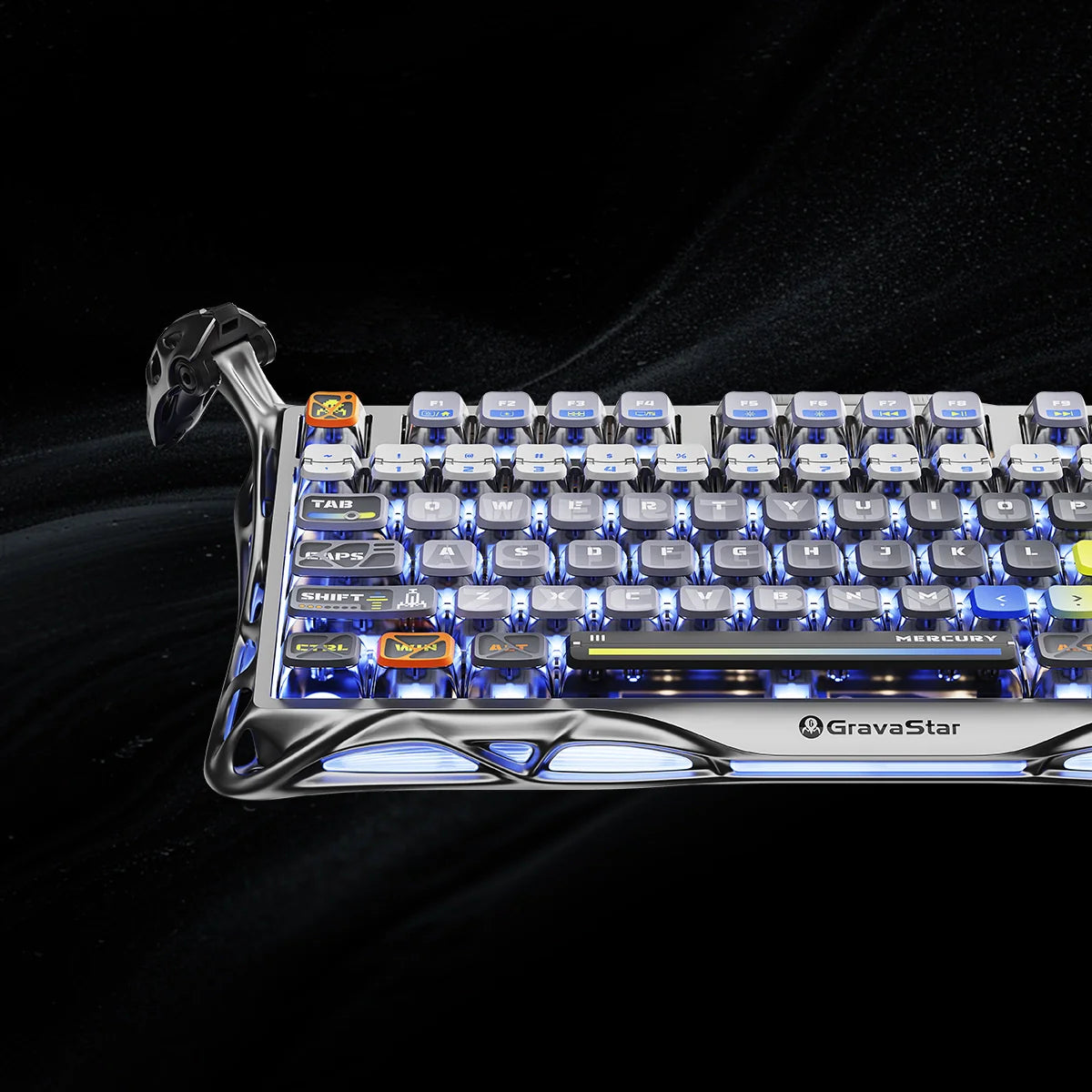GravaStar Ultimate Gaming Set in Interstellar Silver – Close-up of Mercury K1 Pro 75% wireless mechanical gaming keyboard with nano-textured aluminum alloy exoskeleton, South-facing RGB backlighting, GravaStar x Kailh linear switches, Pudding PBT keycaps, and gasket-mounted FR4 plate.