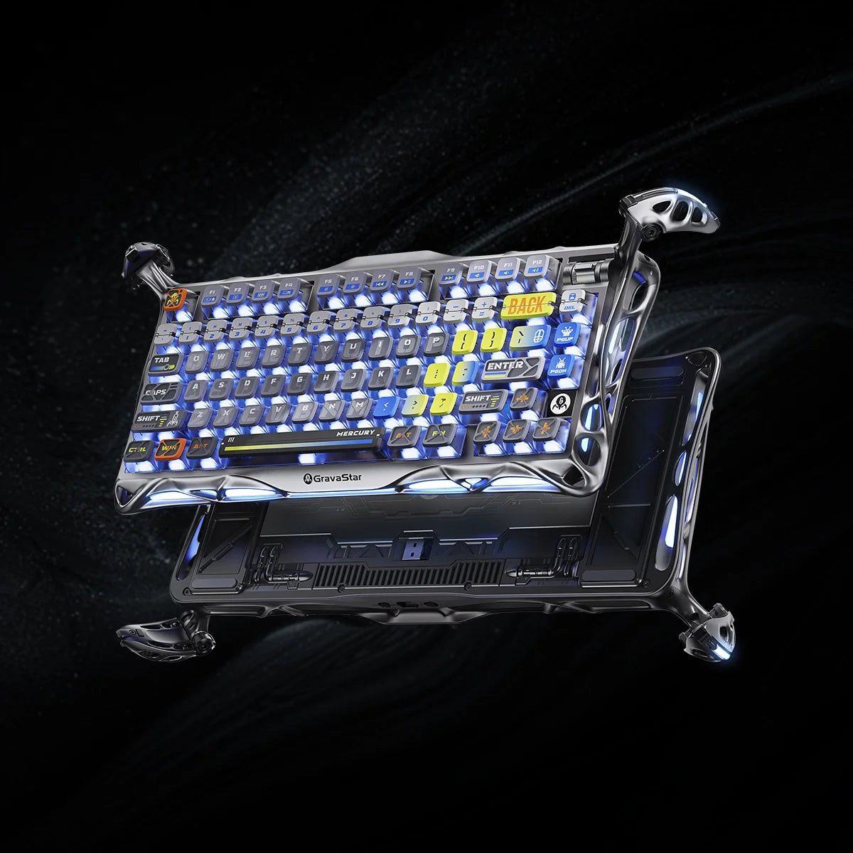 GravaStar Ultimate Gaming Set in Interstellar Silver – Mercury K1 Pro 75% wireless mechanical gaming keyboard with nano-textured aluminum alloy exoskeleton and South-facing RGB backlighting, displayed with a GravaStar Keyboard Wrist Rest Pad and gasket-mounted FR4 plate.