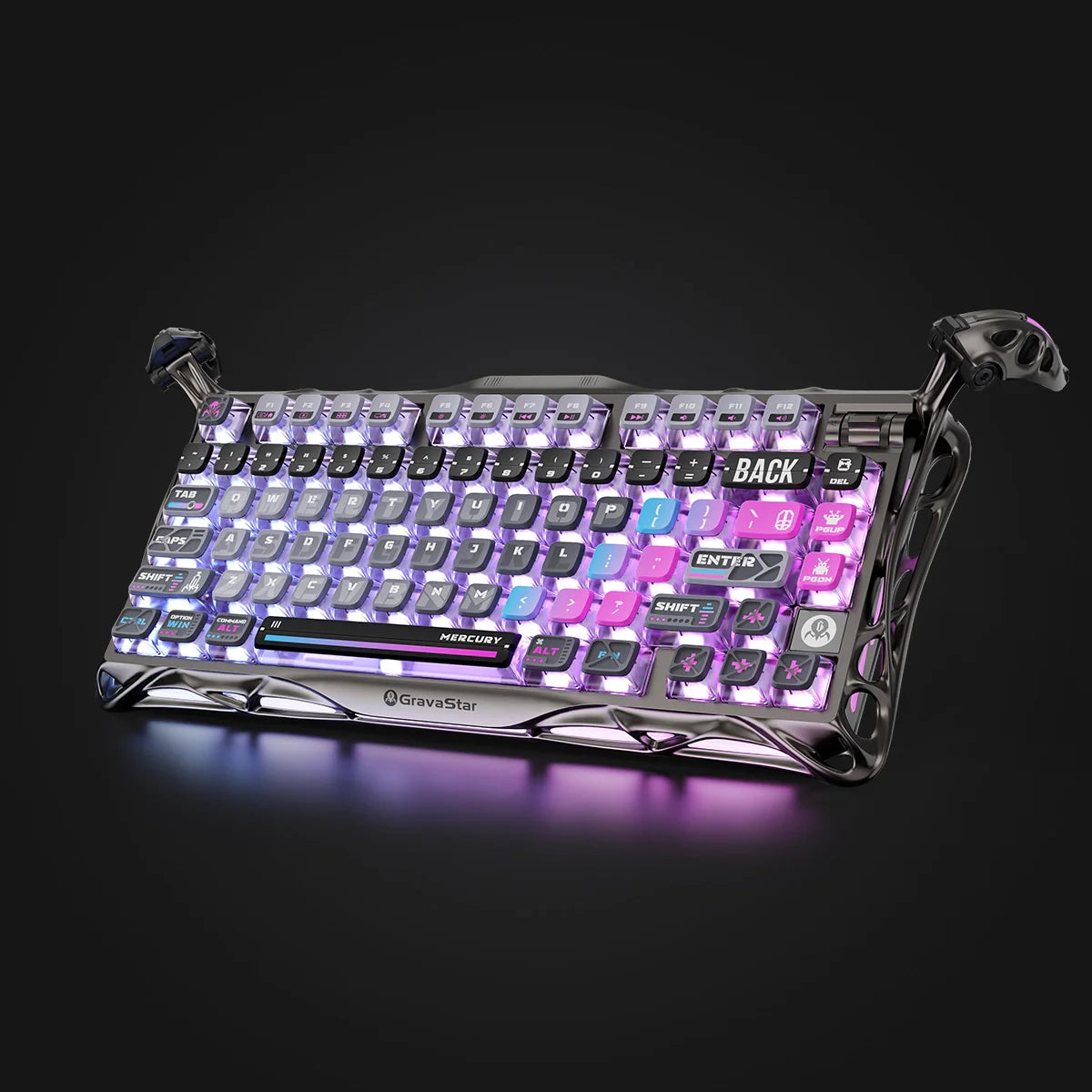 GravaStar Mercury K1 Pro Special Edition Cyberpunk – Top-down view of 75% wireless mechanical gaming keyboard with aluminum skeletal frame, Kailh Speedy Mint linear switches, pudding PBT keycaps, and dual RGB backlight.