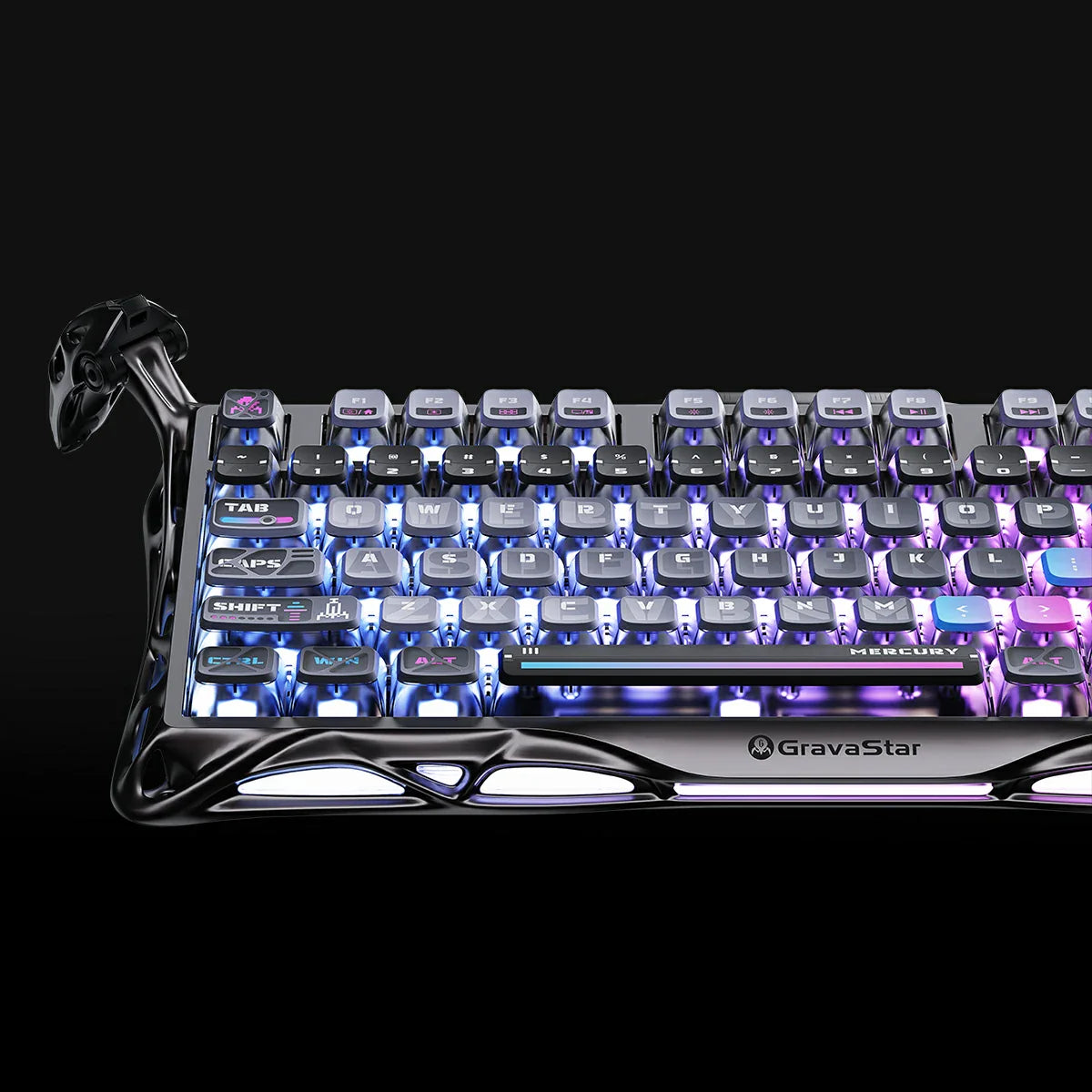GravaStar Mercury K1 Pro Special Edition Cyberpunk – Close-up of main keycaps layout and MERCURY spacebar, 75% wireless mechanical gaming keyboard with Kailh Speedy Mint linear switches, Gasket mount, and dual RGB backlight.