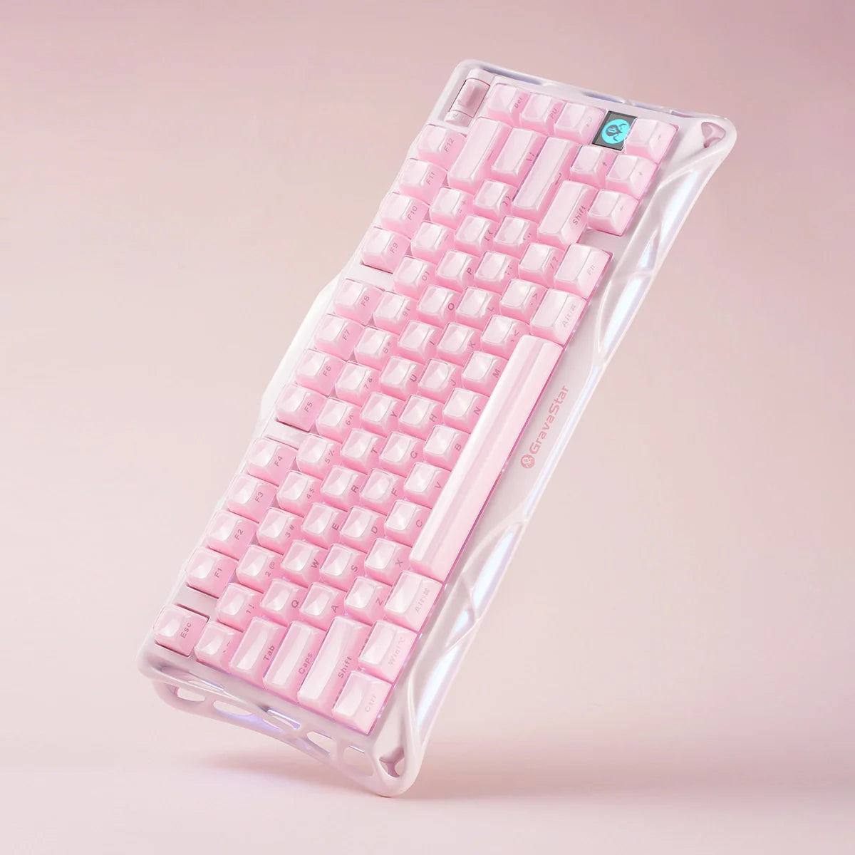 GravaStar Mercury K1 Special Edition Sakura Pink – Side profile view of 75% wireless mechanical gaming keyboard featuring aluminum alloy exoskeleton frame, hot-swap linear switches, Gasket mount, and soft customizable RGB backlighting.