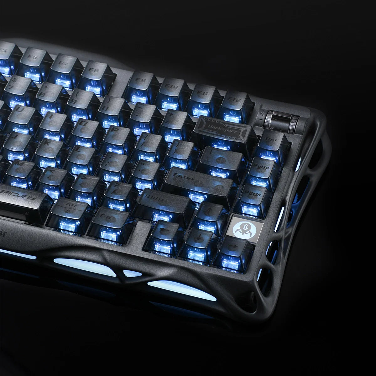GravaStar Mercury K1 Stealth Black 75% gaming keyboard close-up – Featuring tactile rotary knob, translucent PBT keycaps, custom Stellar Bloom switches, and dual RGB backlighting, perfect paired with GravaStar M2 Stealth Black mouse.