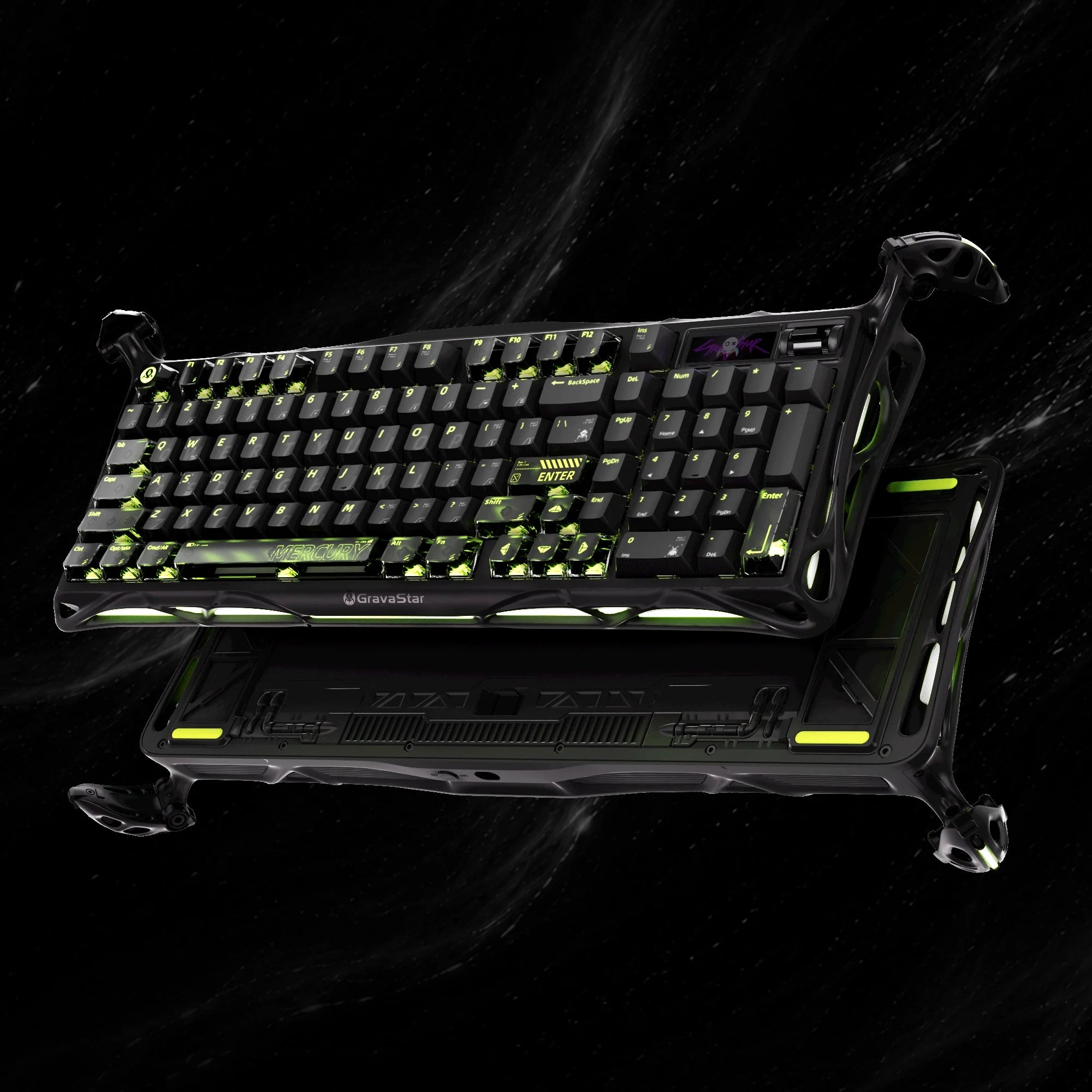 GravaStar Mercury K98 Pro Phantom Black 98% mechanical gaming keyboard showcasing glossy aluminum alloy exoskeleton and tactical base frame, dual 8KHz polling rate, custom UFO switches, and ARGB lighting, perfect paired with Mercury M1 Pro mouse and Mars Pro speaker.