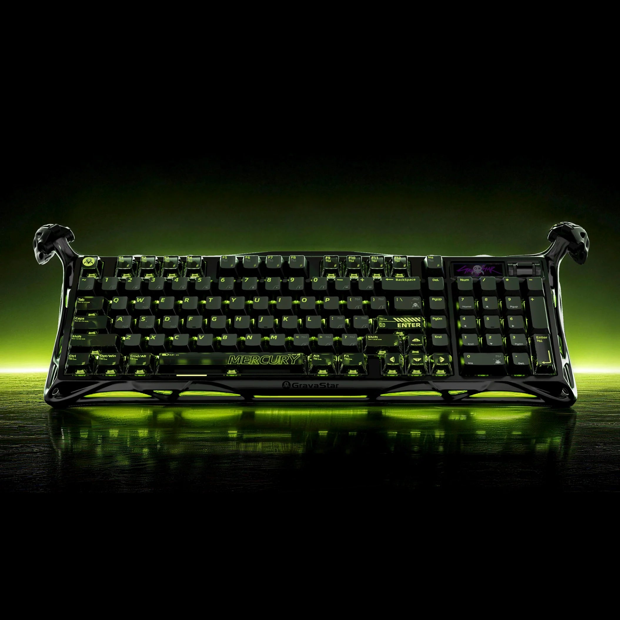 GravaStar Mercury K98 Pro Phantom Black 98% mechanical gaming keyboard featuring glossy aluminum alloy exoskeleton, 1.65” TFT smart display, dual 8KHz polling rate, custom UFO switches, and ARGB lighting, perfect paired with Mercury M1 Pro mouse and Mars Pro speaker.