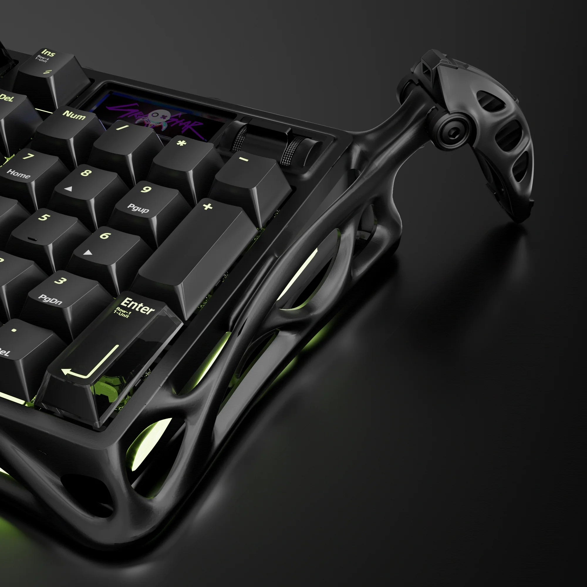 GravaStar Mercury K98 Pro Phantom Black 98% mechanical gaming keyboard macro view – Highlighting glossy aluminum alloy exoskeleton handle, 1.65” TFT color display, custom UFO switches, dual 8KHz polling rate, and ARGB side lighting, perfect paired with Mercury M1 Pro mouse and Mars Pro speaker.