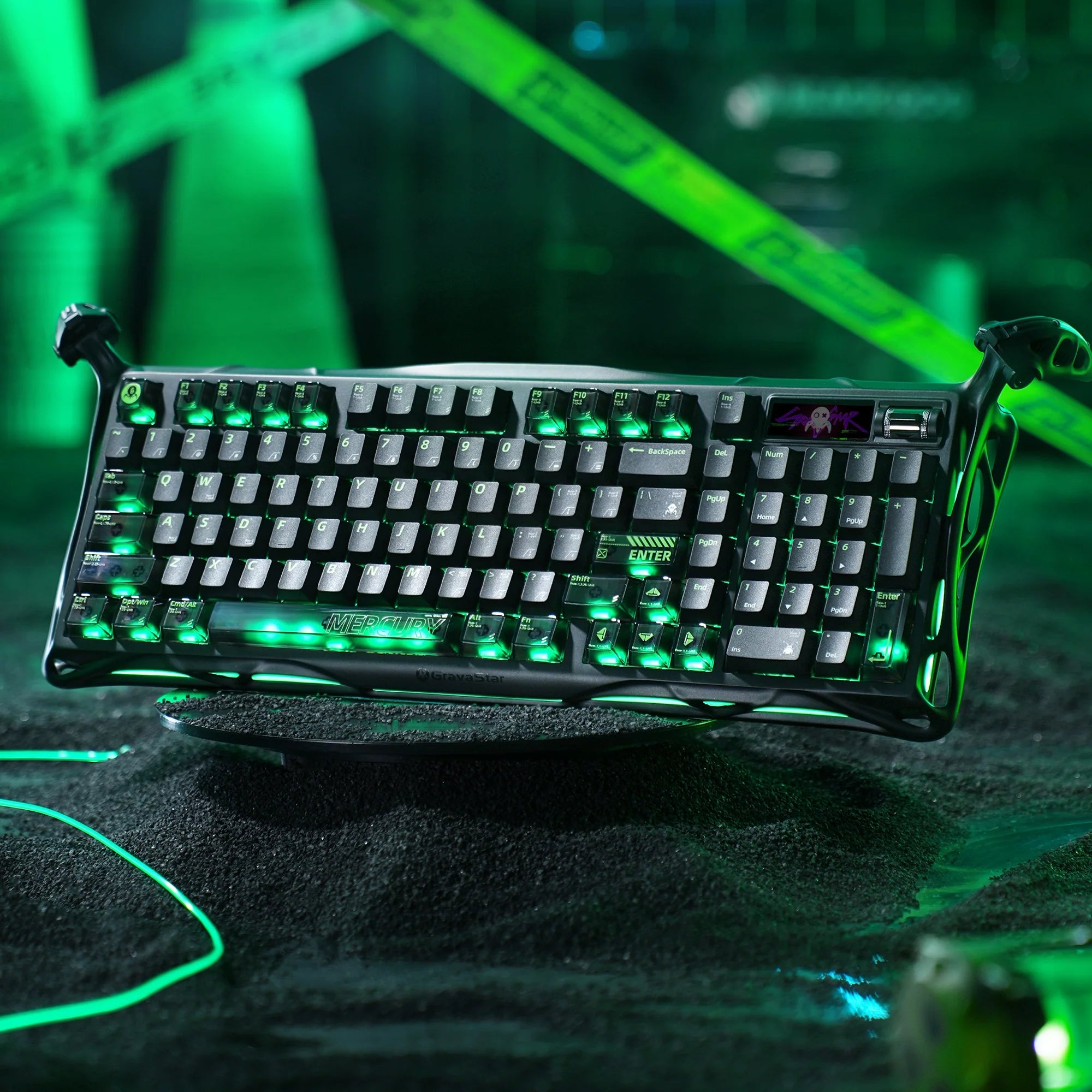 GravaStar Mercury K98 Pro Phantom Black 98% mechanical gaming keyboard showcasing glossy aluminum alloy exoskeleton, 1.65” TFT color display, dual 8KHz polling rate, custom UFO switches, and ambient ARGB lighting, perfect paired with Mercury M1 Pro mouse and Mars Pro speaker.