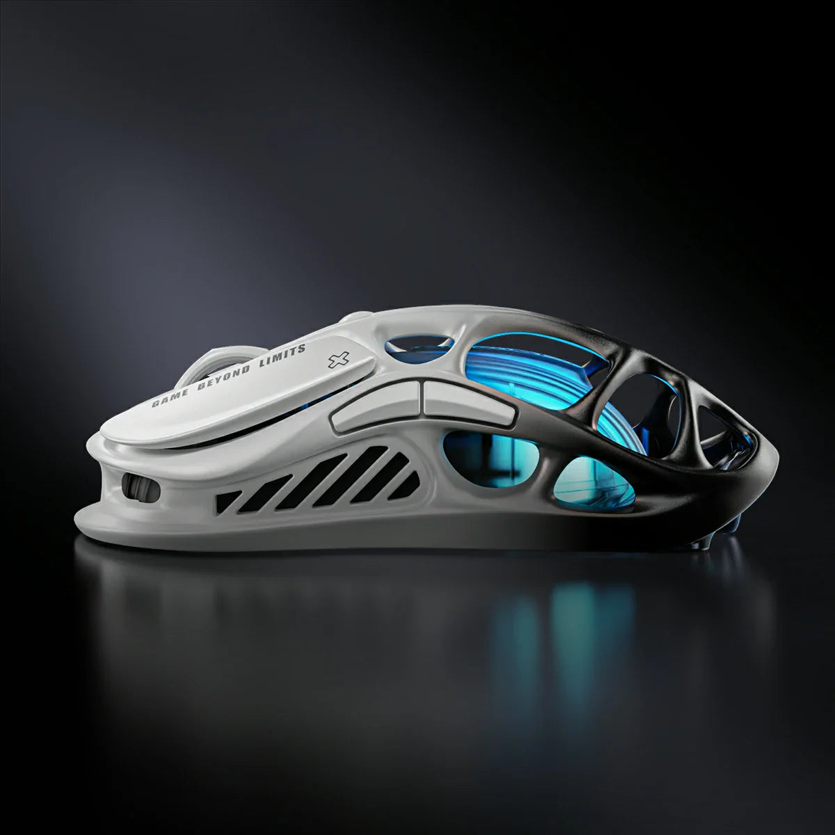 GravaStar Mercury M1 Pro Gradient Black wireless gaming mouse side profile view – Highlighting magnesium alloy skeletal frame, PAW3395 26K DPI sensor, Omron 50M micro-switches, 4KHz polling rate ready, and dual-zone RGB lighting, perfect paired with Mercury K1 Gradient Black keyboard and Mars Pro Black speaker.