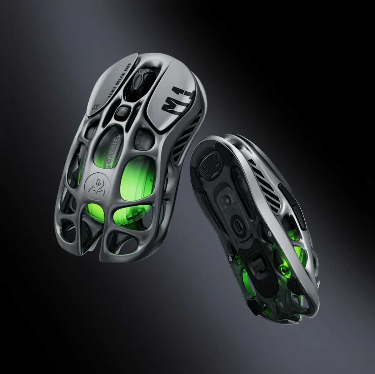 GravaStar Mercury M1 Pro Gunmetal Gray wireless gaming mouse top and bottom view – Highlighting magnesium alloy skeletal frame, PAW3395 26K DPI sensor, Omron 50M micro-switches, 4KHz polling rate ready, and green RGB lighting, perfect paired with Mercury K1 Pro keyboard and Mars Pro Black speaker.