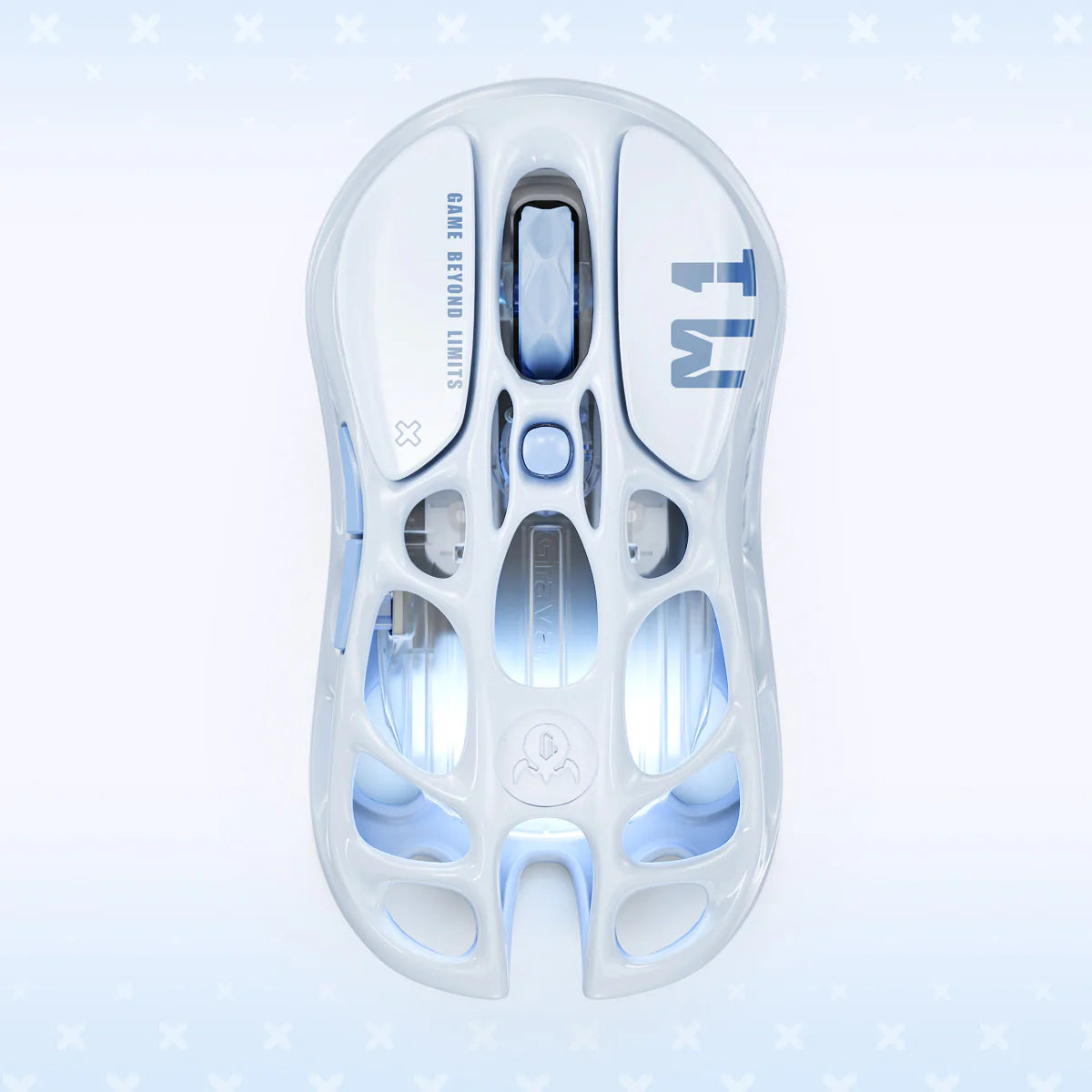 GravaStar Mercury M1 Pro Special Edition Ice Blue wireless gaming mouse top vertical view featuring 88g magnesium alloy skeletal frame, PAW3395 26K DPI sensor, 4KHz polling rate support, and ice blue RGB lighting, perfect paired with Mercury K1 Ice Blue keyboard and Supernova White speaker.