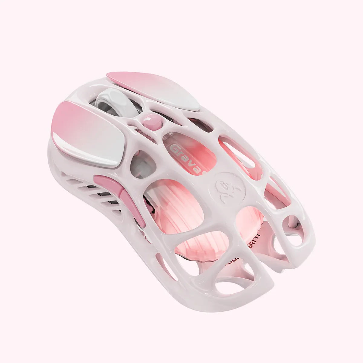 GravaStar Mercury M1 Pro Special Edition Sakura Pink wireless gaming mouse macro front angle view featuring 88g magnesium alloy skeletal frame, PAW3395 26K DPI sensor, 4KHz polling rate support, and pink RGB lighting, perfect paired with Mercury K1 Sakura Pink keyboard and Supernova speaker.