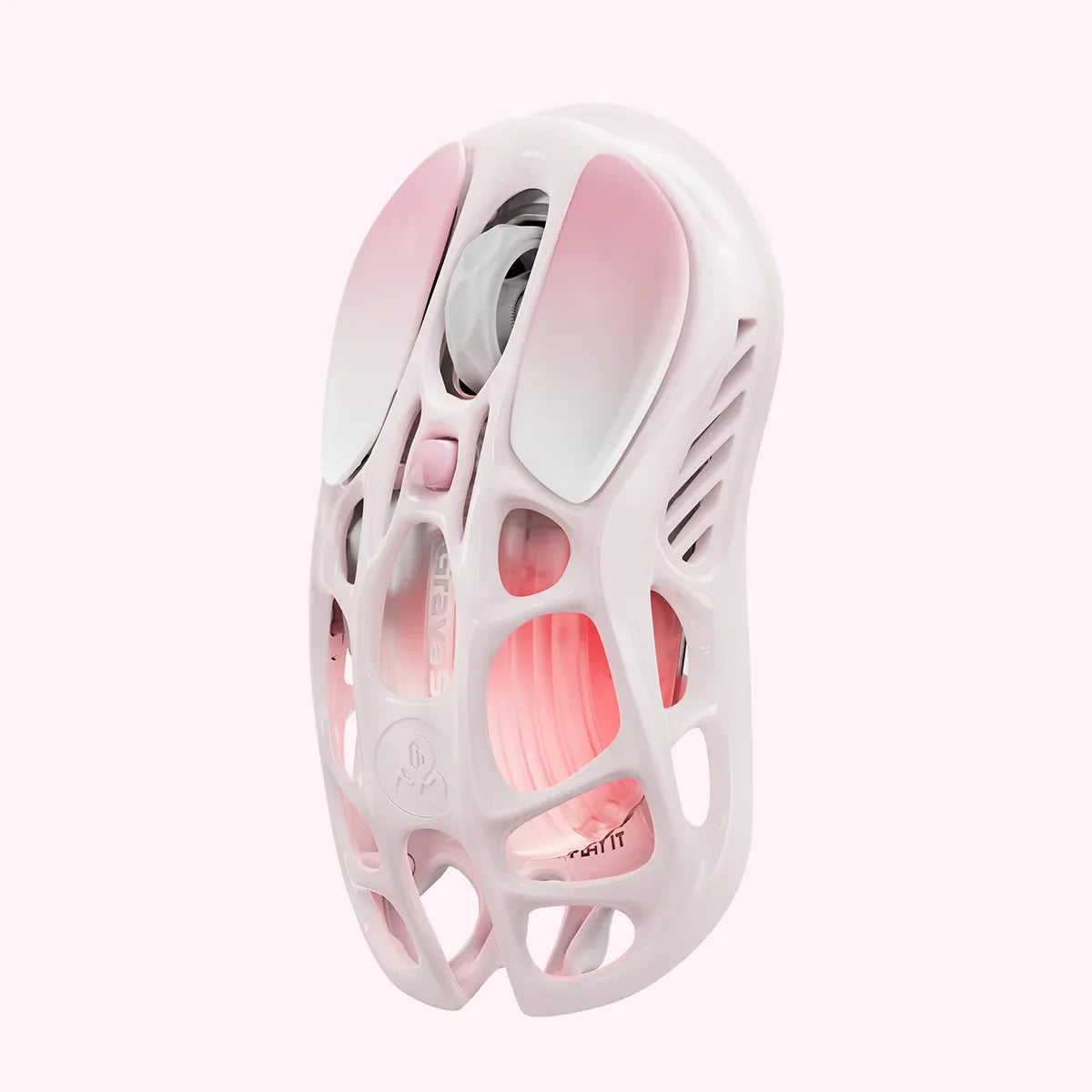 GravaStar Mercury M1 Pro Special Edition Sakura Pink wireless gaming mouse top vertical view featuring 88g magnesium alloy skeletal frame, PAW3395 26K DPI sensor, 4KHz polling rate support, and pink RGB lighting, perfect paired with Mercury K1 Sakura Pink keyboard and Supernova speaker.