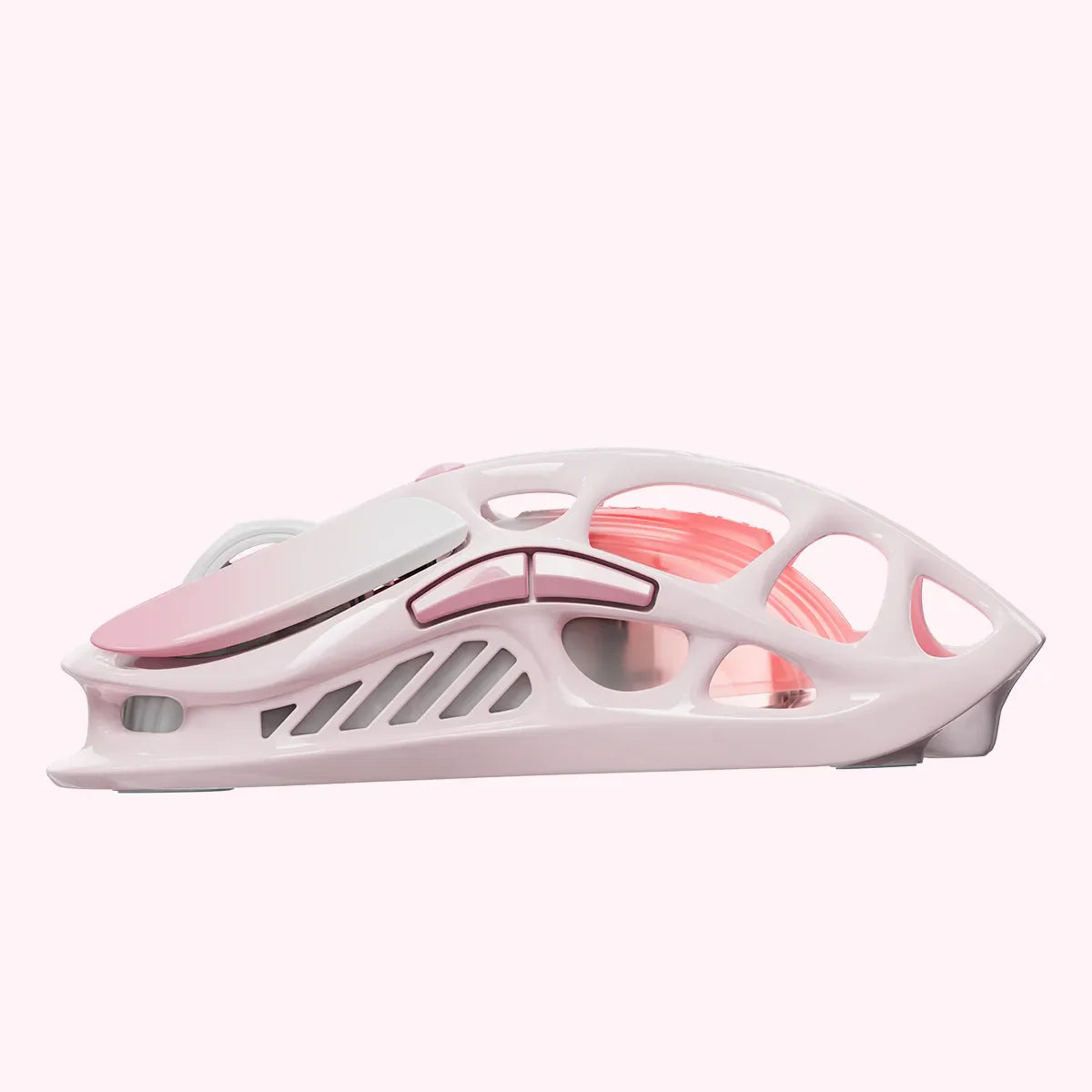 GravaStar Mercury M1 Pro Special Edition Sakura Pink wireless gaming mouse side profile view featuring 88g magnesium alloy skeletal frame, PAW3395 26K DPI sensor, 4KHz polling rate support, and pink RGB lighting, perfect paired with Mercury K1 Sakura Pink keyboard and Supernova speaker.