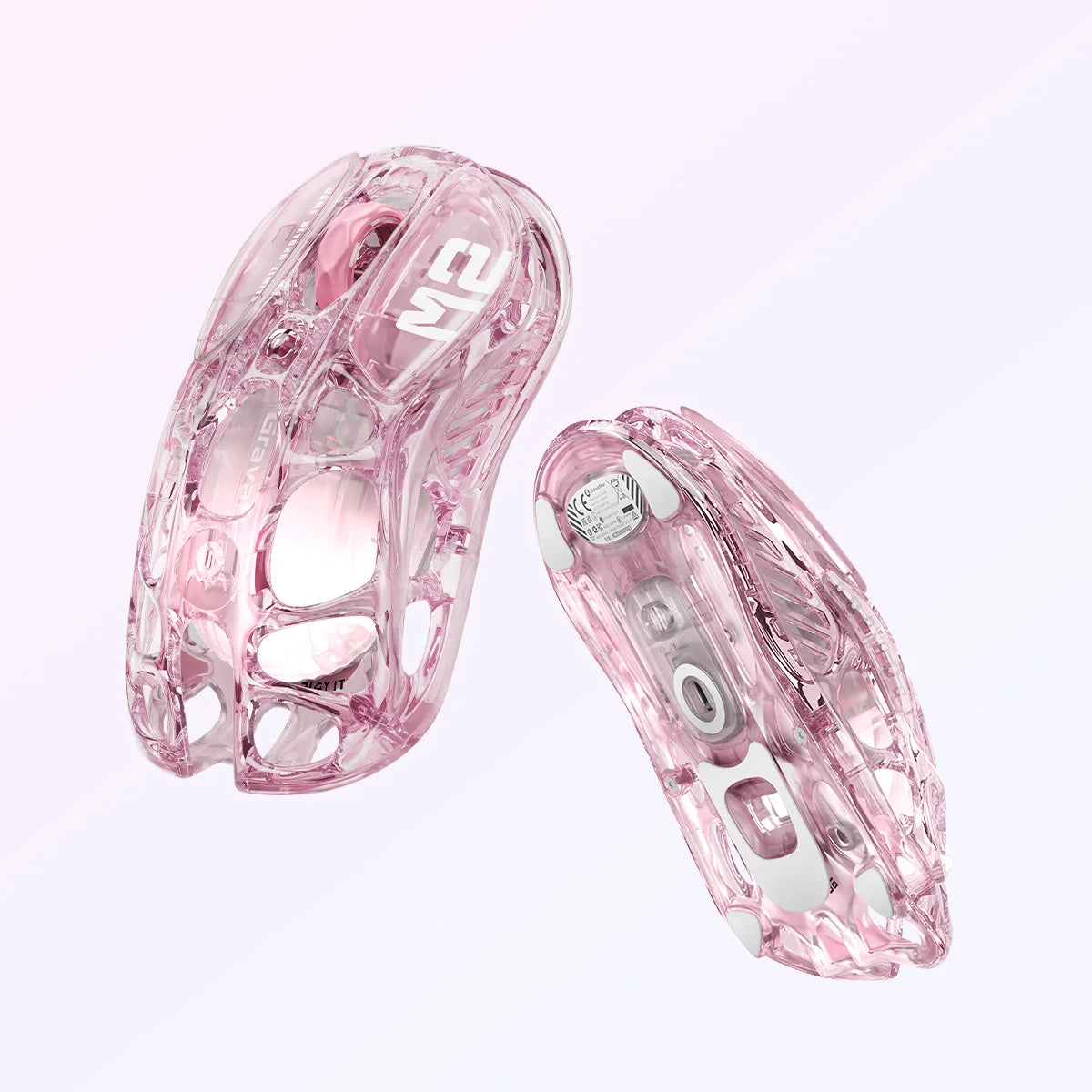 GravaStar Mercury M2 Crystal Rose 2024 Red Dot Award winner translucent wireless gaming mouse duo front and bottom view featuring 88g skeletal frame, PAW3395 26K DPI sensor, tri-mode toggle switch, white Teflon feet pads, 1000Hz polling rate, and RGB lighting, perfect paired with Mercury V60 Crystal Rose keyboard and Supernova speaker.