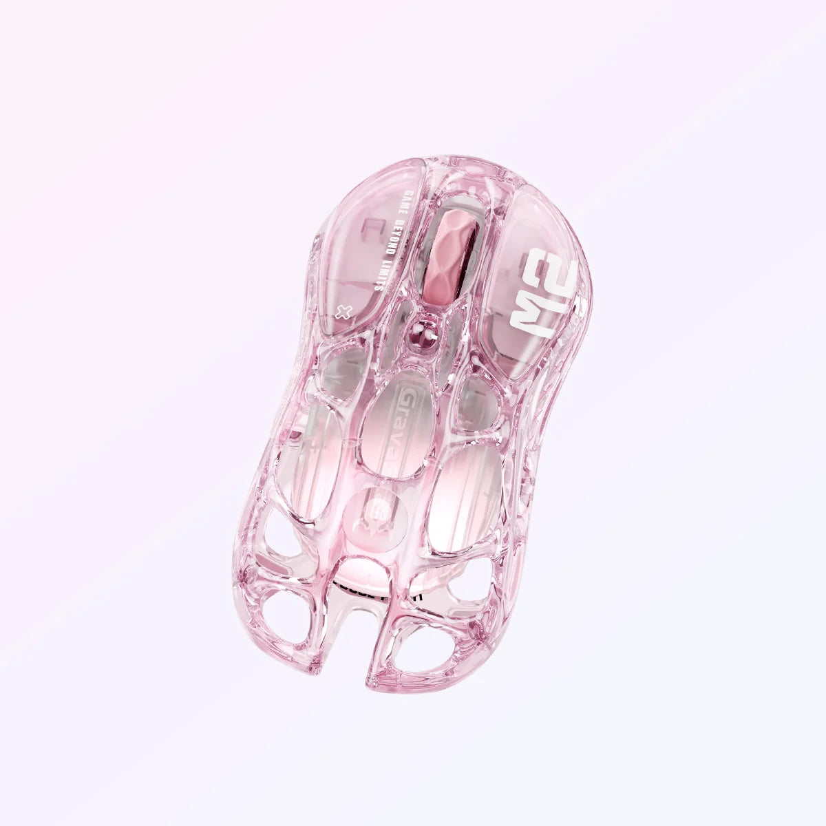 GravaStar Mercury M2 Crystal Rose 2024 Red Dot Award winner translucent wireless gaming mouse top vertical view featuring 88g skeletal frame, PAW3395 26K DPI sensor, 1000Hz polling rate, and RGB lighting, perfect paired with Mercury V60 Crystal Rose keyboard and Supernova speaker.
