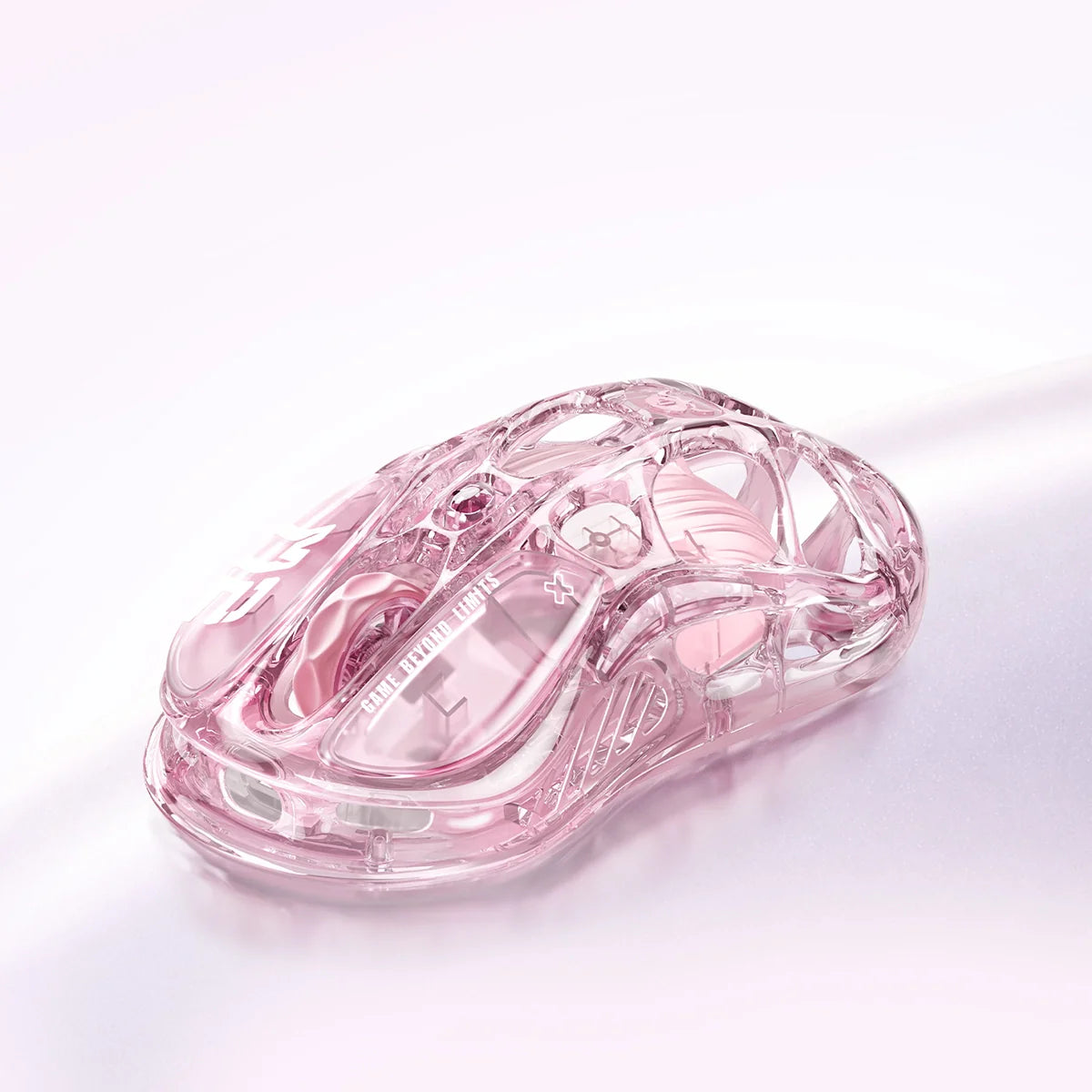 GravaStar Mercury M2 Crystal Rose 2024 Red Dot Award winner translucent wireless gaming mouse macro left front view featuring 88g skeletal frame, PAW3395 26K DPI sensor, 1000Hz polling rate, and RGB lighting, perfect paired with Mercury V60 Crystal Rose keyboard and Supernova speaker.