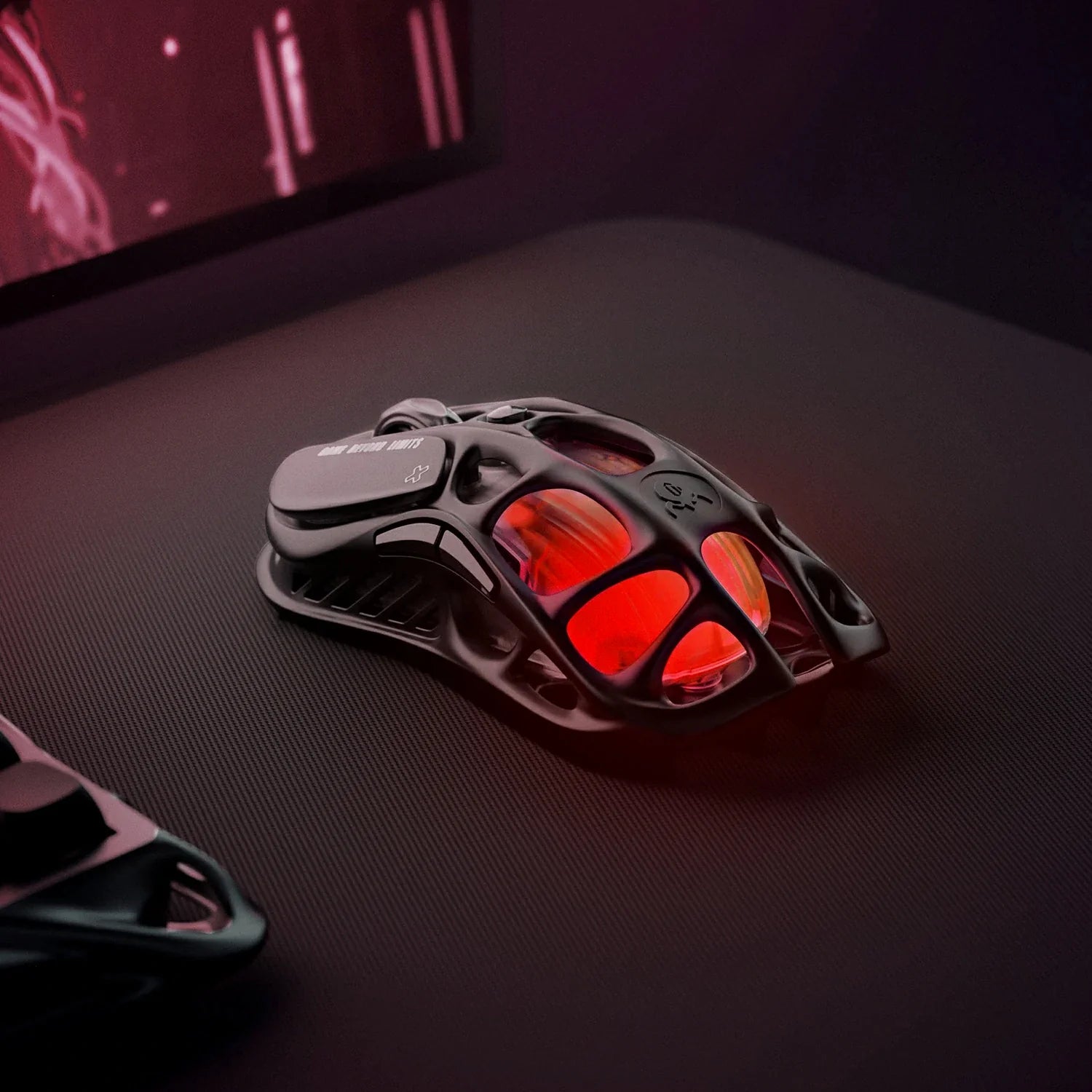 GravaStar Mercury M2 Stealth Black wireless gaming mouse macro front angle view – Highlighting hollow skeletal frame, PAW3395 26K DPI sensor, Kailh 80M micro-switches, 79g tactical layout, and lava RGB lighting, perfect paired with Mercury K1 Stealth Black keyboard and Mars Pro Black speaker.