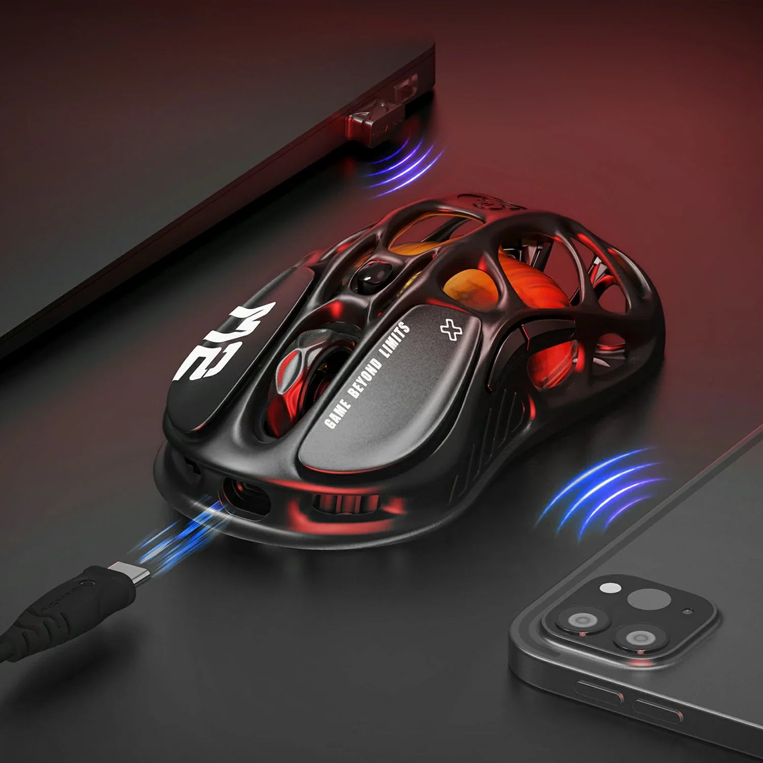 GravaStar Mercury M2 Stealth Black wireless gaming mouse featuring TUROSPEED wireless technology for fast connectivity, PAW3395 26K DPI sensor, Kailh 80M micro-switches, and RGB lighting, perfect paired with Mercury K1 Stealth Black keyboard and Mars Pro Black speaker.